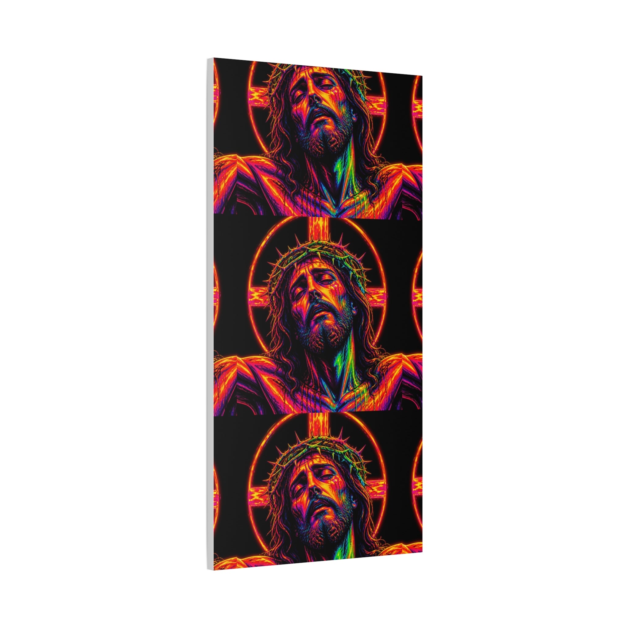 Neon Christ Crucifix Canvas Print — Vibrant Religious Wall Art