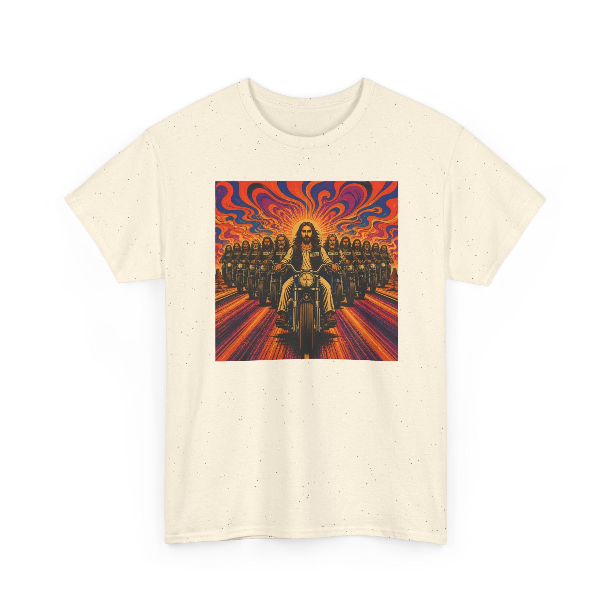 Psychedelic Yashua/Jesus Biker Crew T-Shirt — Retro Jesus Motorcycle Rider Graphic Tee