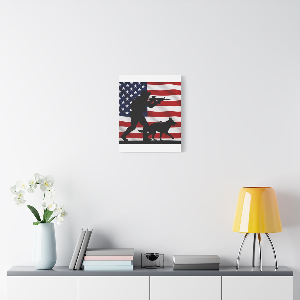 Patriotic Military K9 Canvas Wall Art — Soldier and Dog Silhouette with American Flag