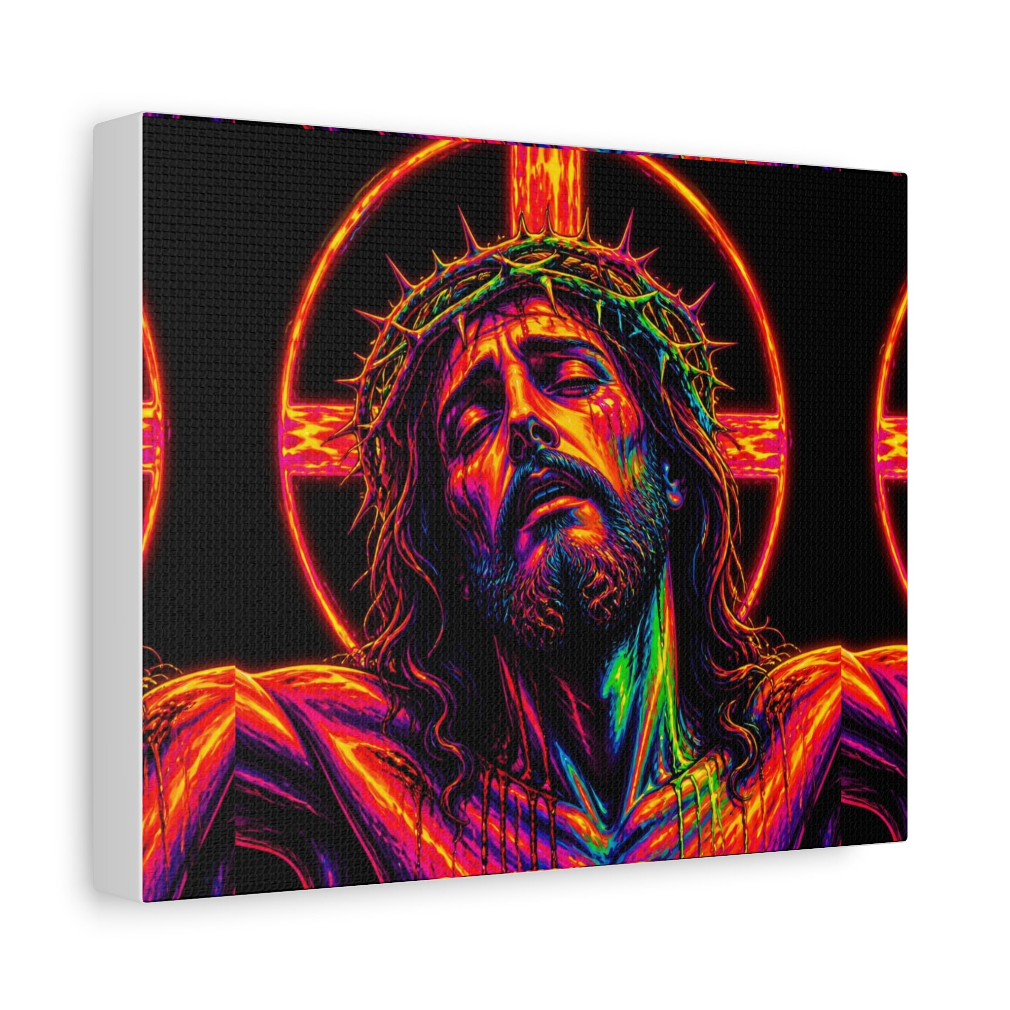 Neon Christ Crucifix Canvas Print — Vibrant Religious Wall Art