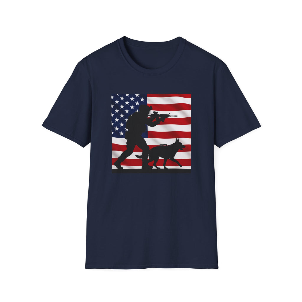 Patriotic K9 Handler T-Shirt — American Flag Soldier with Dog Graphic