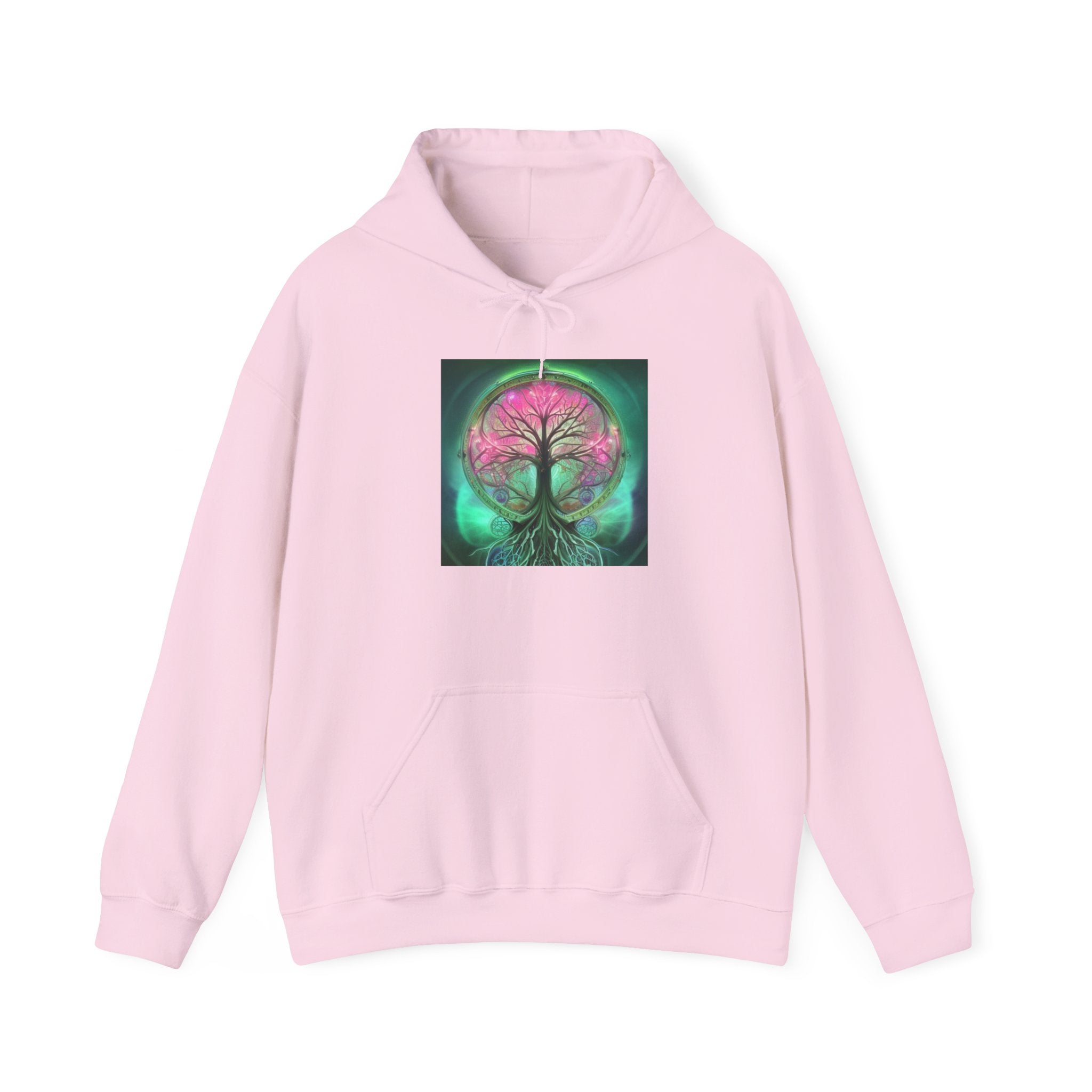 Tree of Life Hoodie — Vibrant Pink & Teal Spiritual Graphic Hooded Sweatshirt