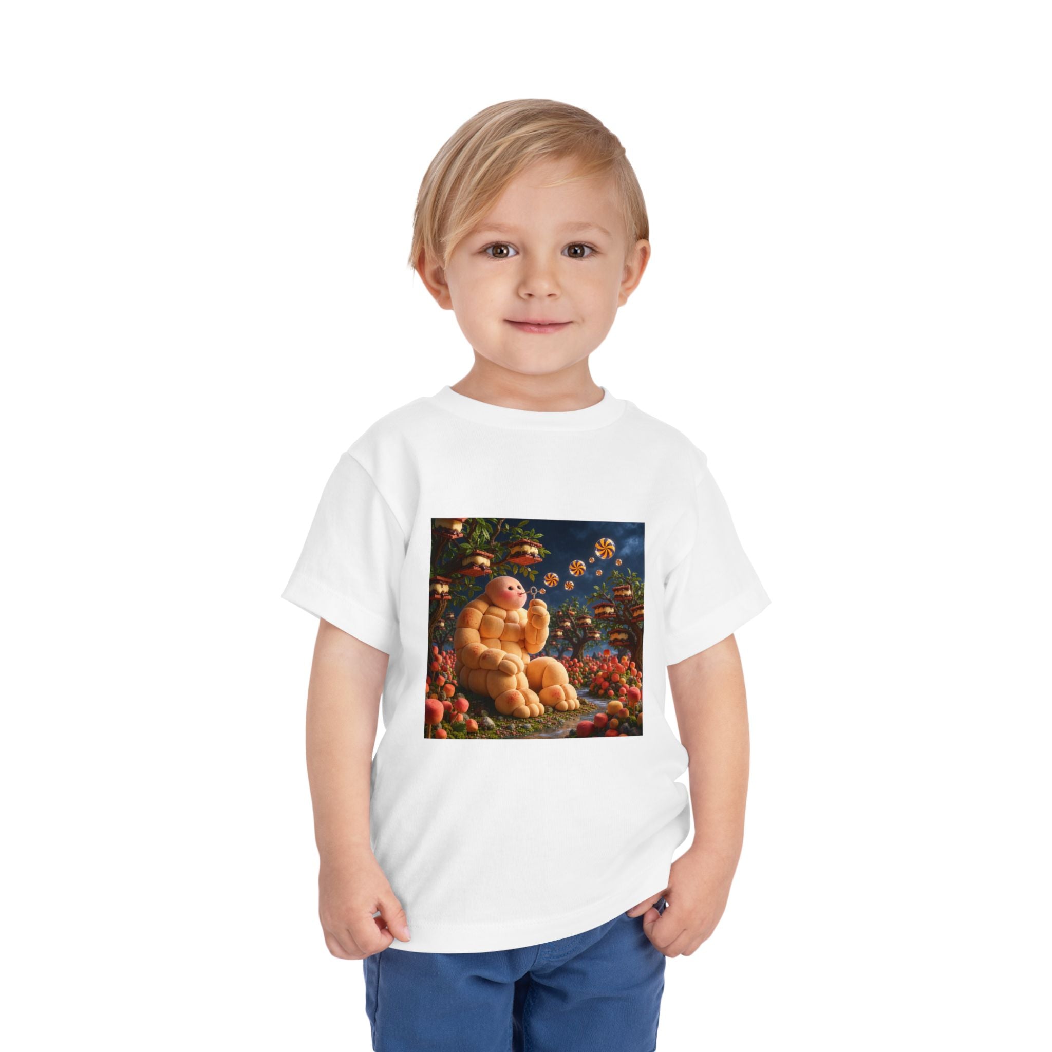 Toddler Tee — Cute Chubby Creature in Flower Garden Kids Shirt-Marshmallow Man