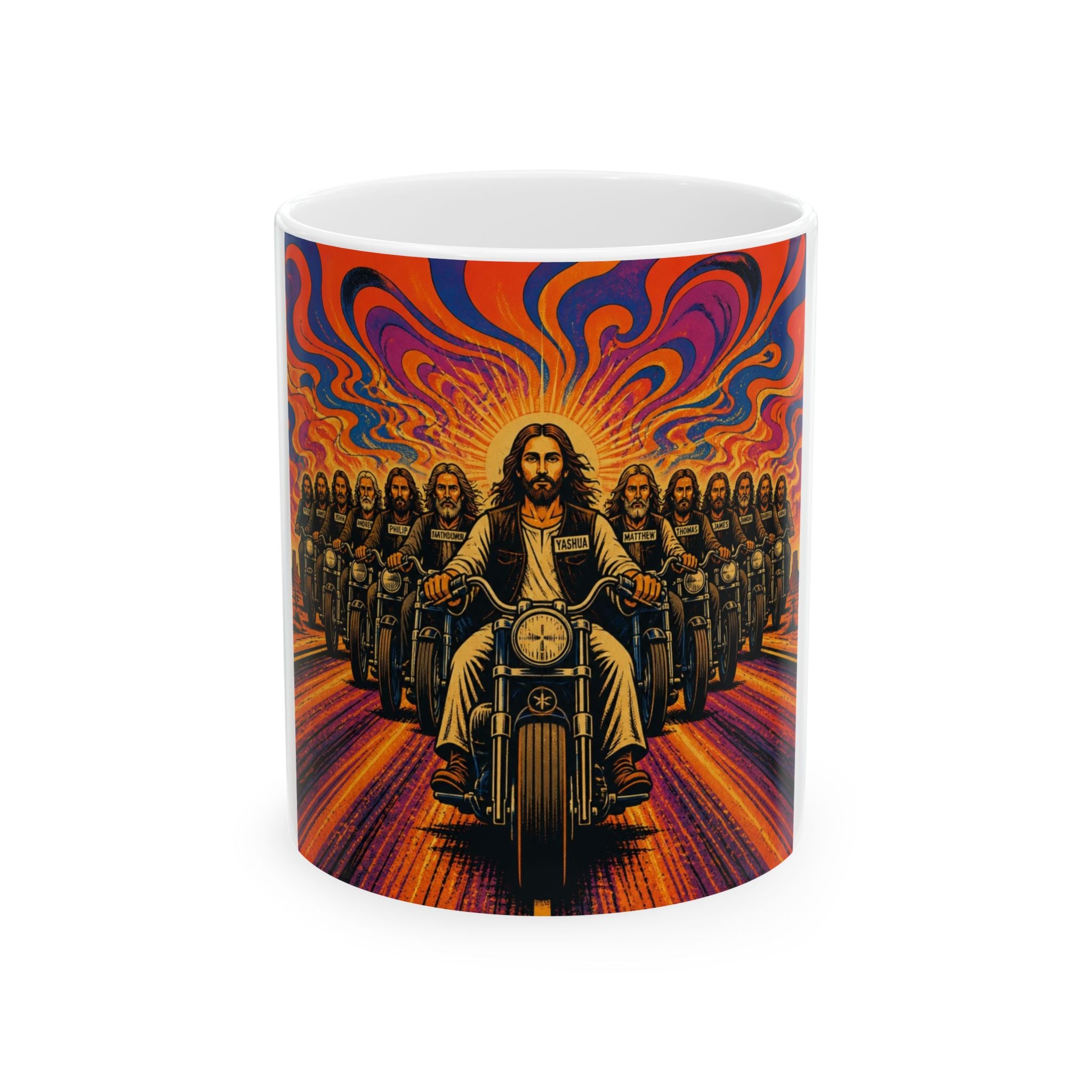 Jesus on a Motorcycle Mug — Retro Psychedelic Biker Coffee Cup (11oz/15oz)