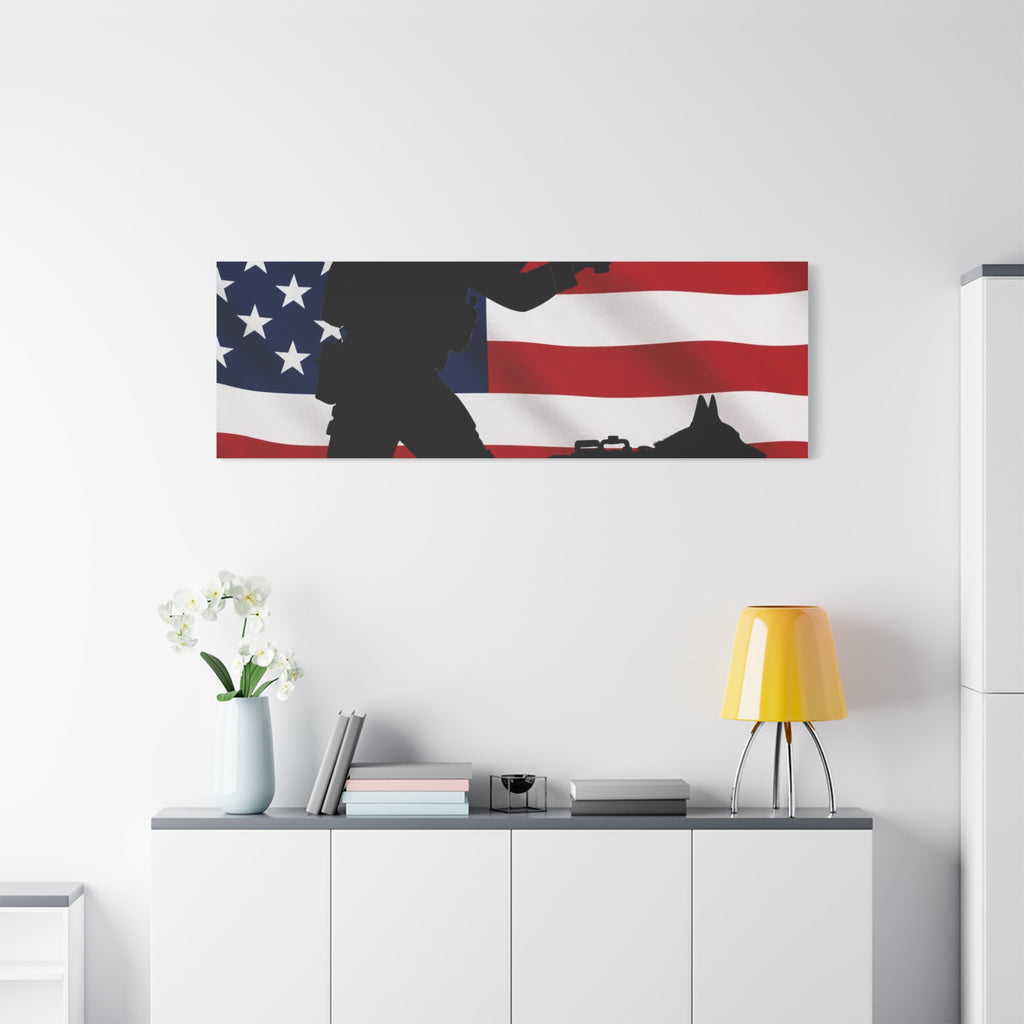 Patriotic Military K9 Canvas Wall Art — Soldier and Dog Silhouette with American Flag