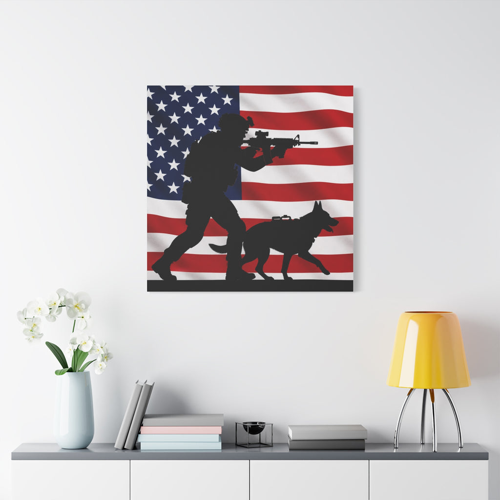 Patriotic Military K9 Canvas Wall Art — Soldier and Dog Silhouette with American Flag