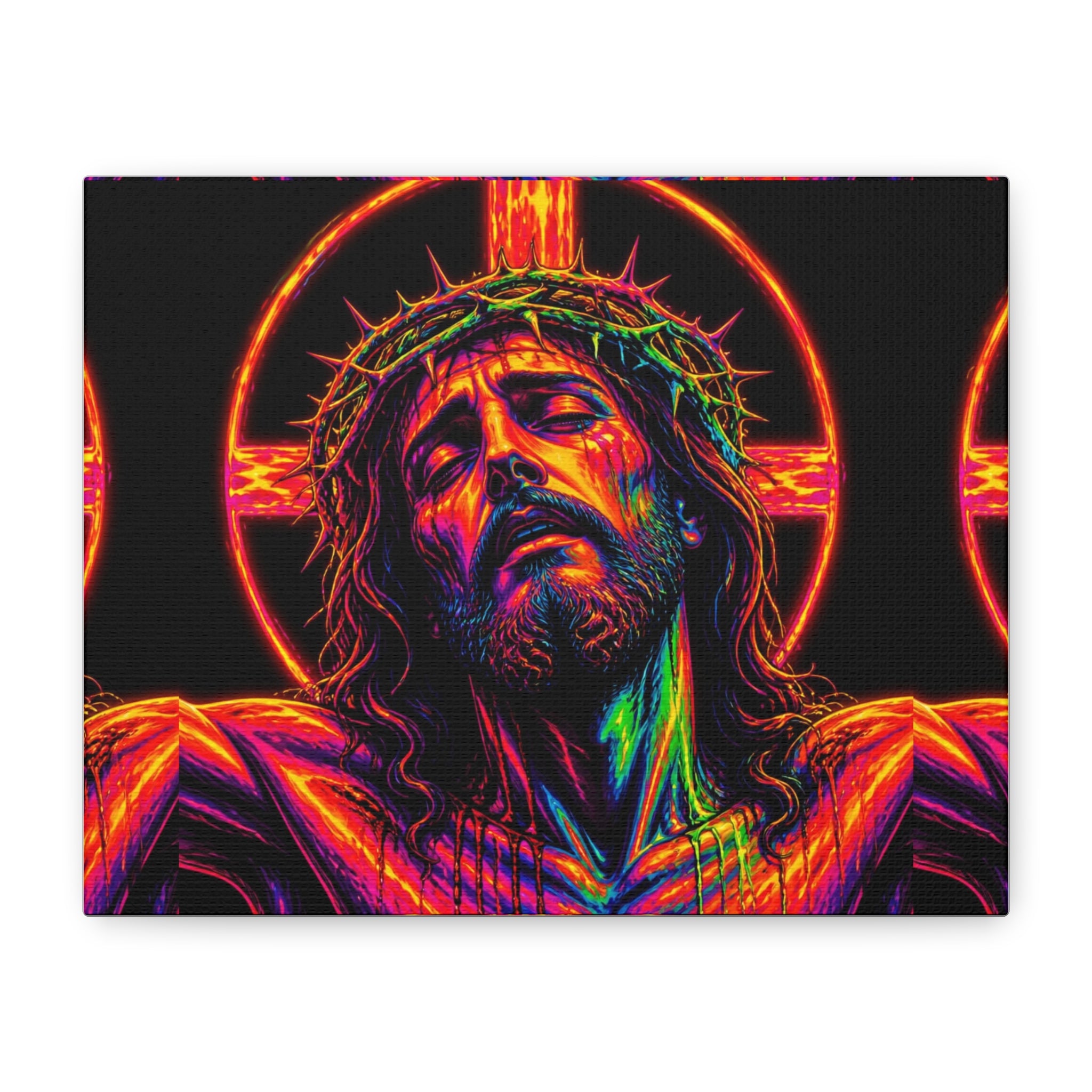 Neon Christ Crucifix Canvas Print — Vibrant Religious Wall Art