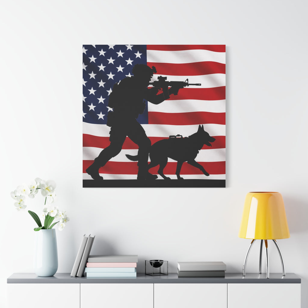 Patriotic Military K9 Canvas Wall Art — Soldier and Dog Silhouette with American Flag