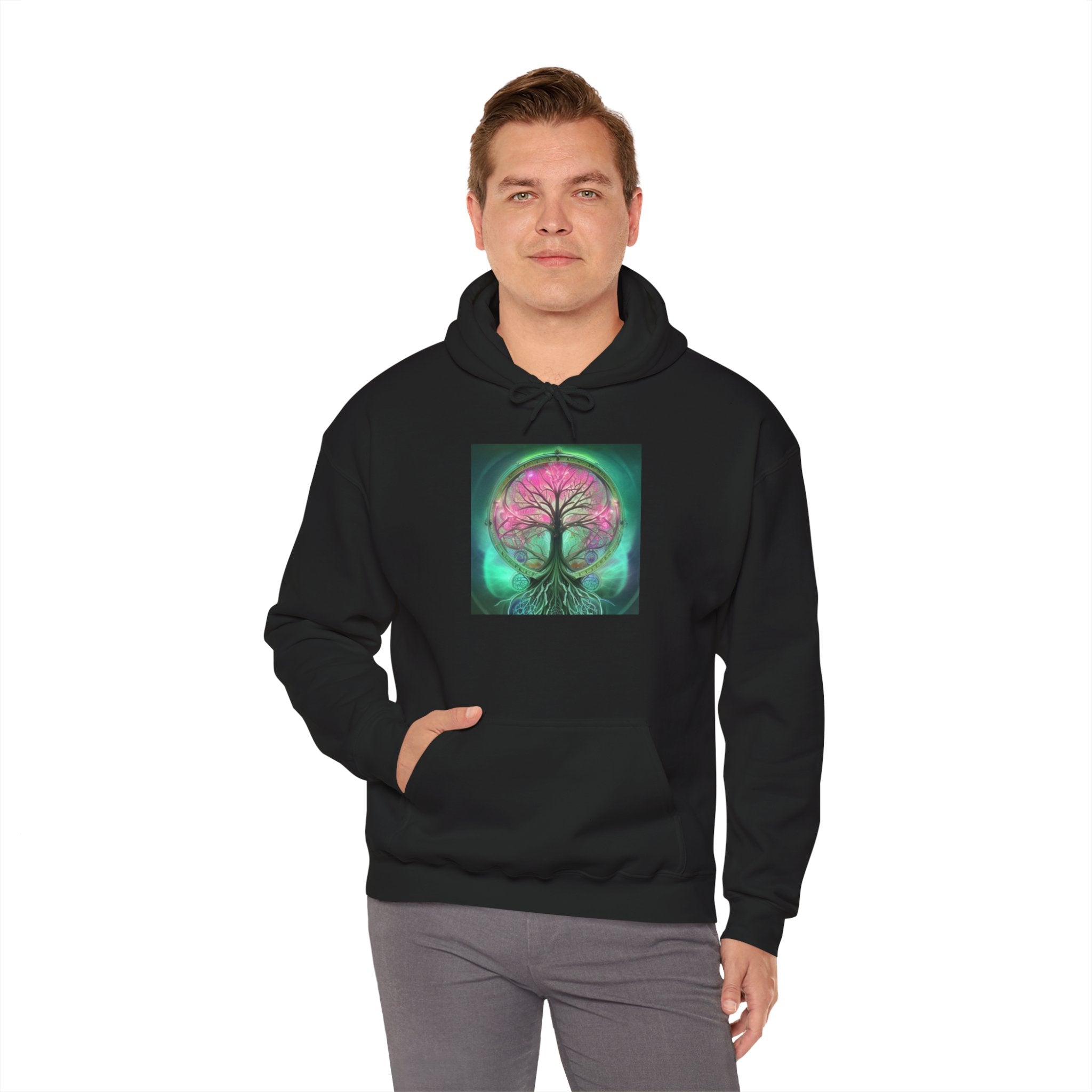 Tree of Life Hoodie — Vibrant Pink & Teal Spiritual Graphic Hooded Sweatshirt