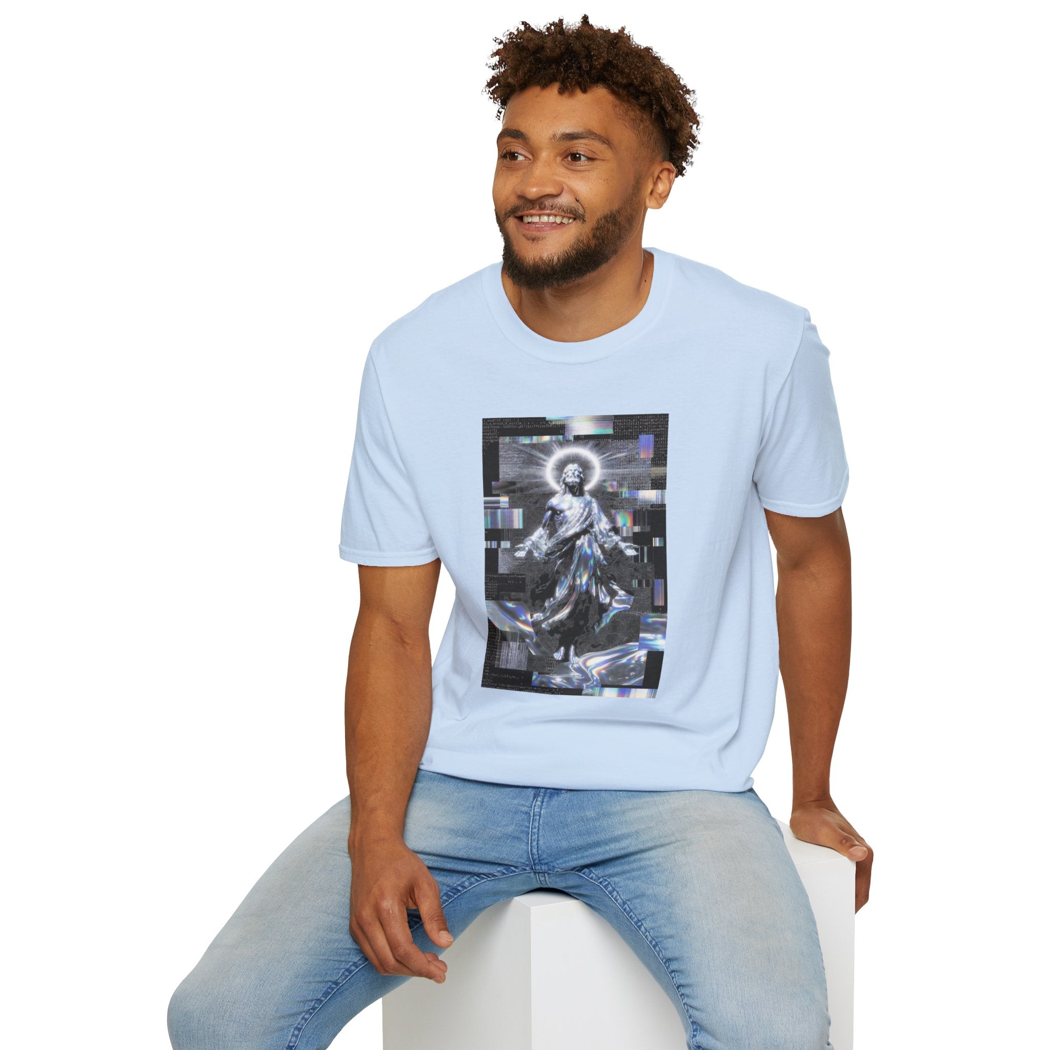 Glitch Halo Jesus T-Shirt — Vintage Religious Retro Digital Art Tee