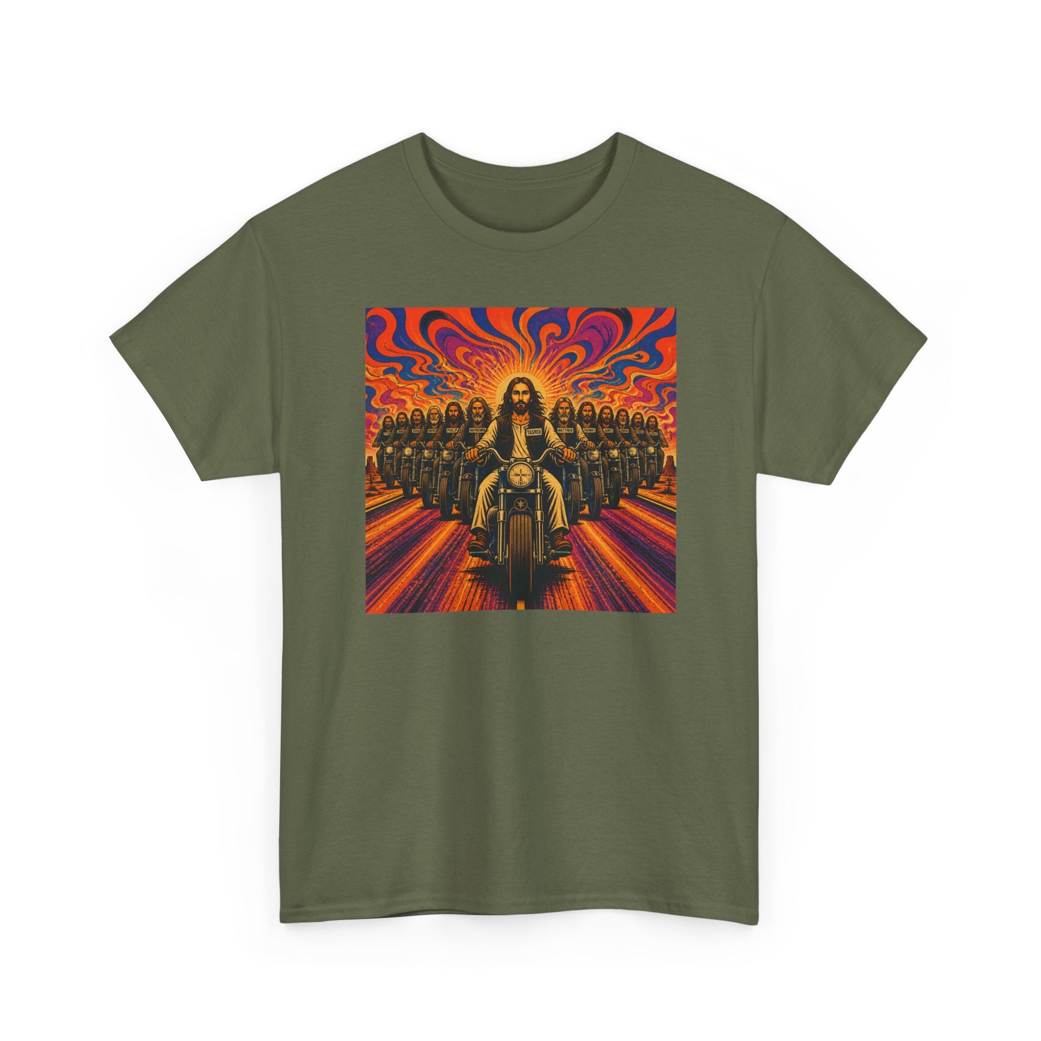 Psychedelic Yashua/Jesus Biker Crew T-Shirt — Retro Jesus Motorcycle Rider Graphic Tee