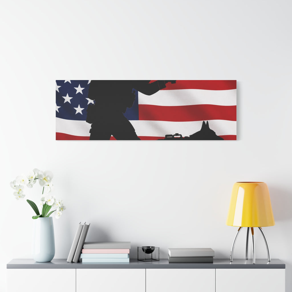 Patriotic Military K9 Canvas Wall Art — Soldier and Dog Silhouette with American Flag