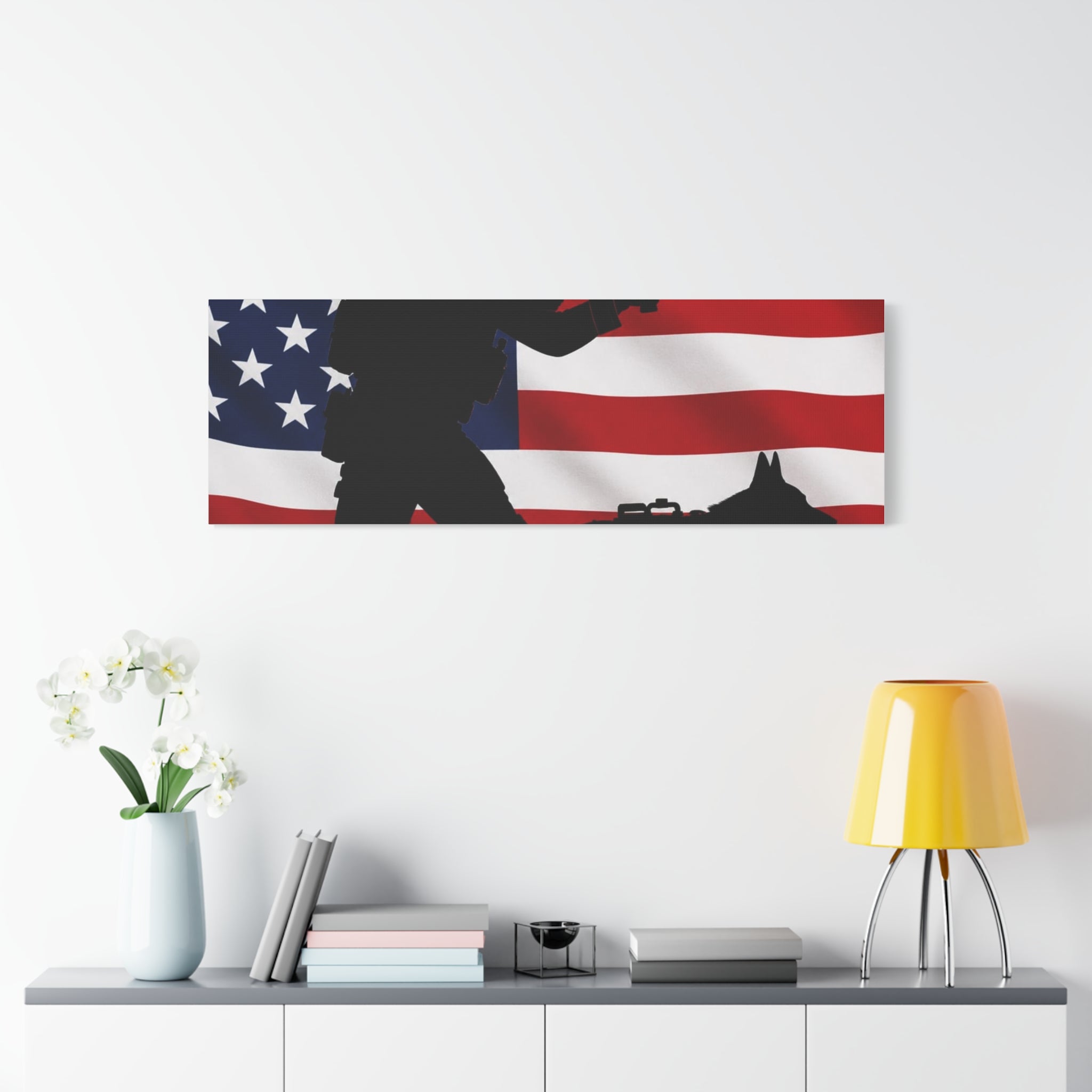 Patriotic Military K9 Canvas Wall Art — Soldier and Dog Silhouette with American Flag