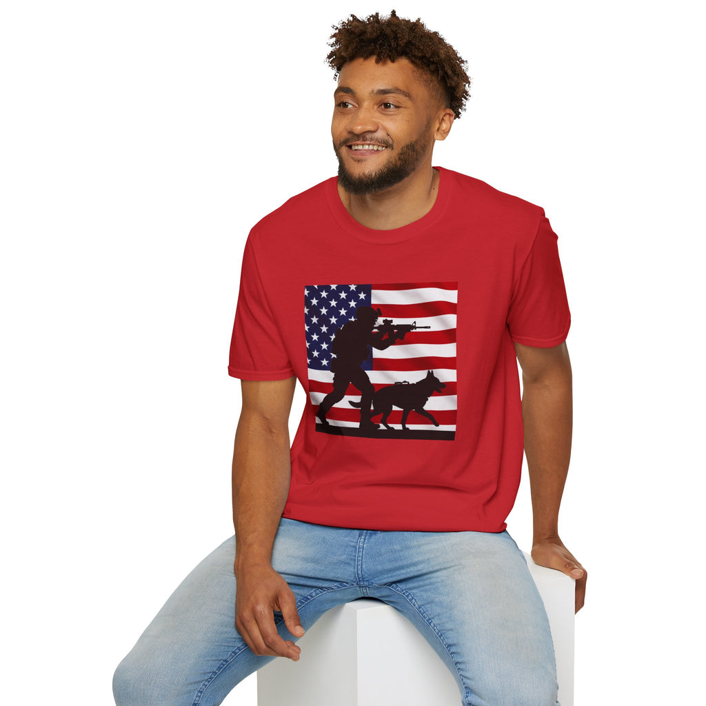 Patriotic K9 Handler T-Shirt — American Flag Soldier with Dog Graphic