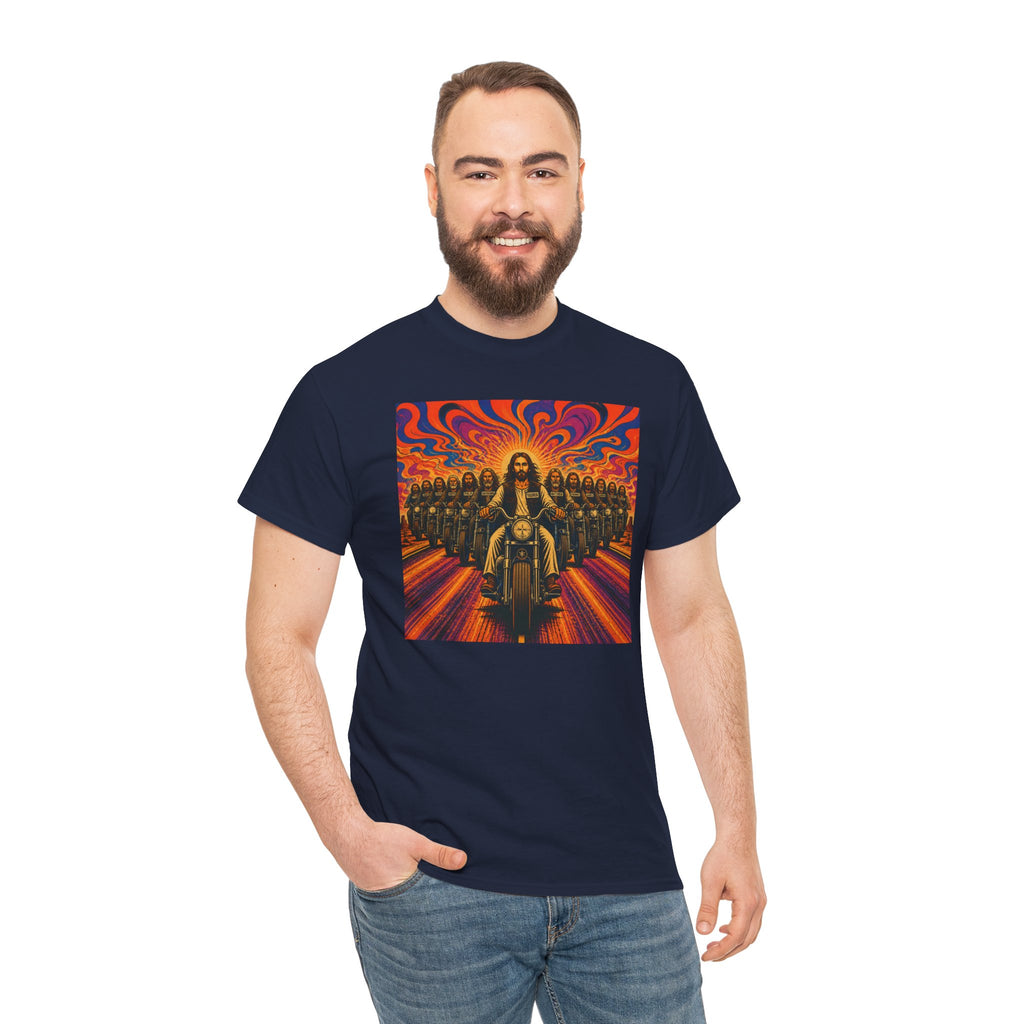 Psychedelic Yashua/Jesus Biker Crew T-Shirt — Retro Jesus Motorcycle Rider Graphic Tee