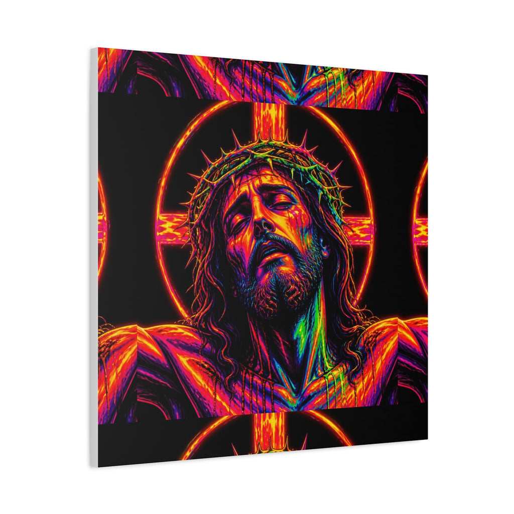 Neon Christ Crucifix Canvas Print — Vibrant Religious Wall Art