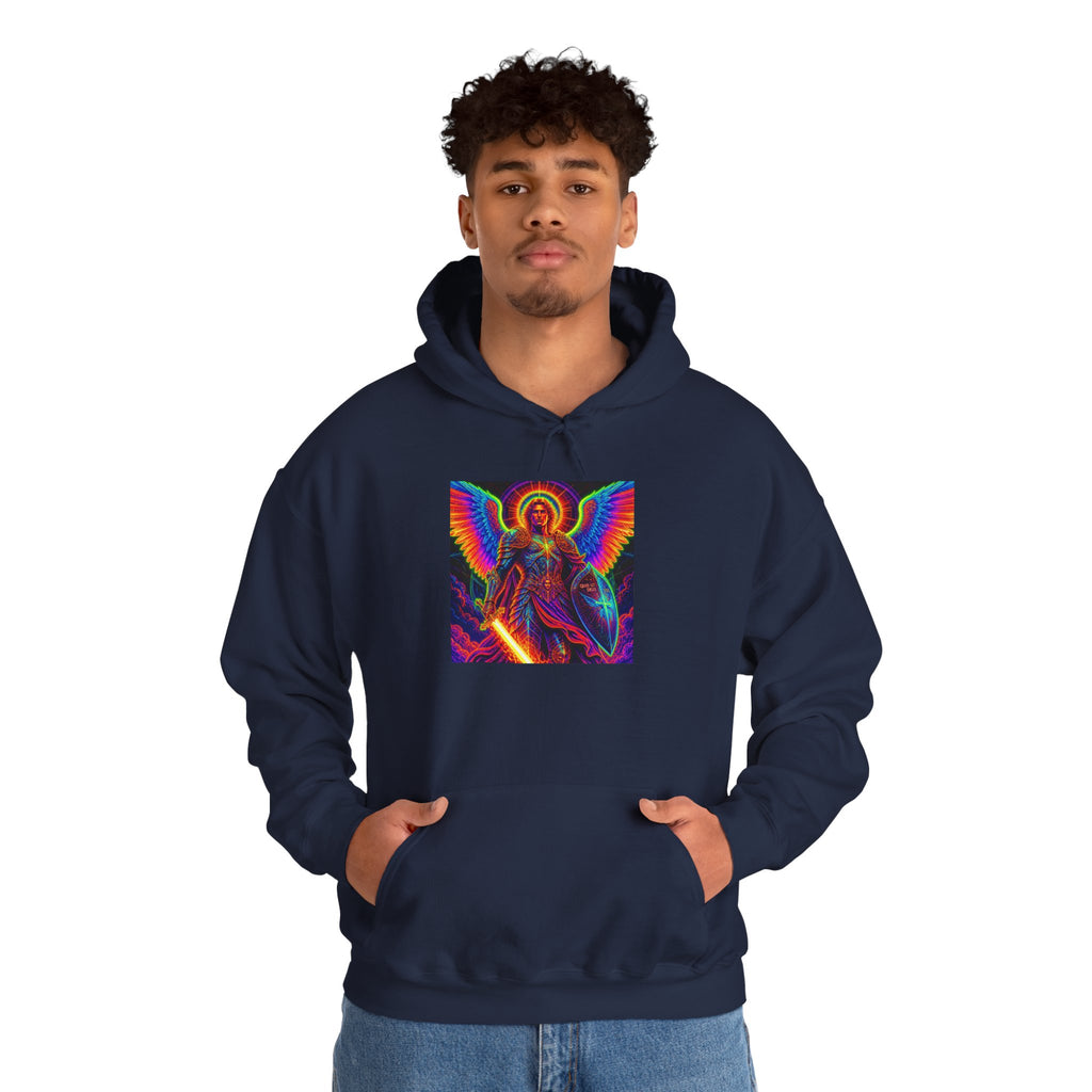 Psychedelic Angel Hoodie — Neon Rainbow Guardian Graphic Sweatshirt