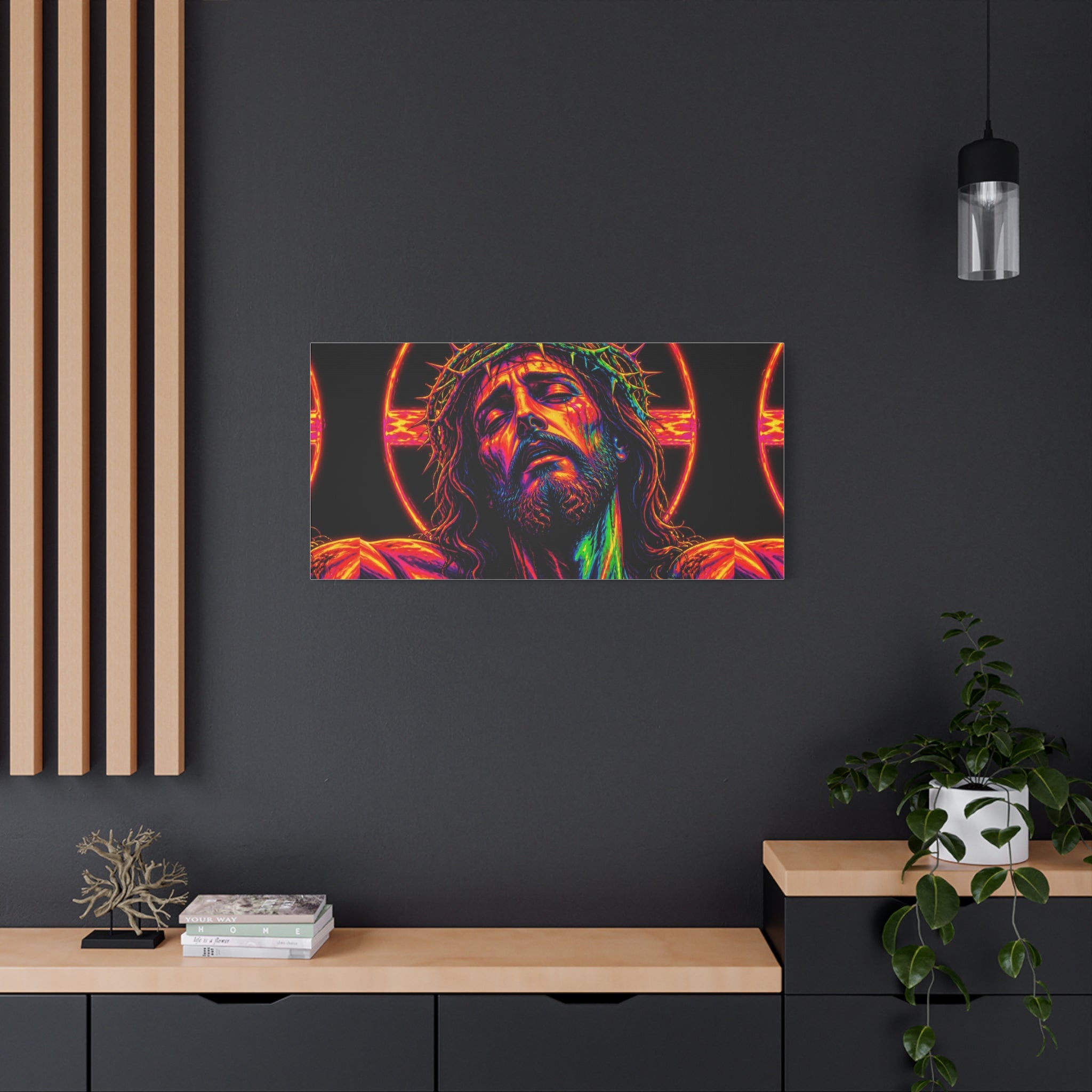 Neon Christ Crucifix Canvas Print — Vibrant Religious Wall Art
