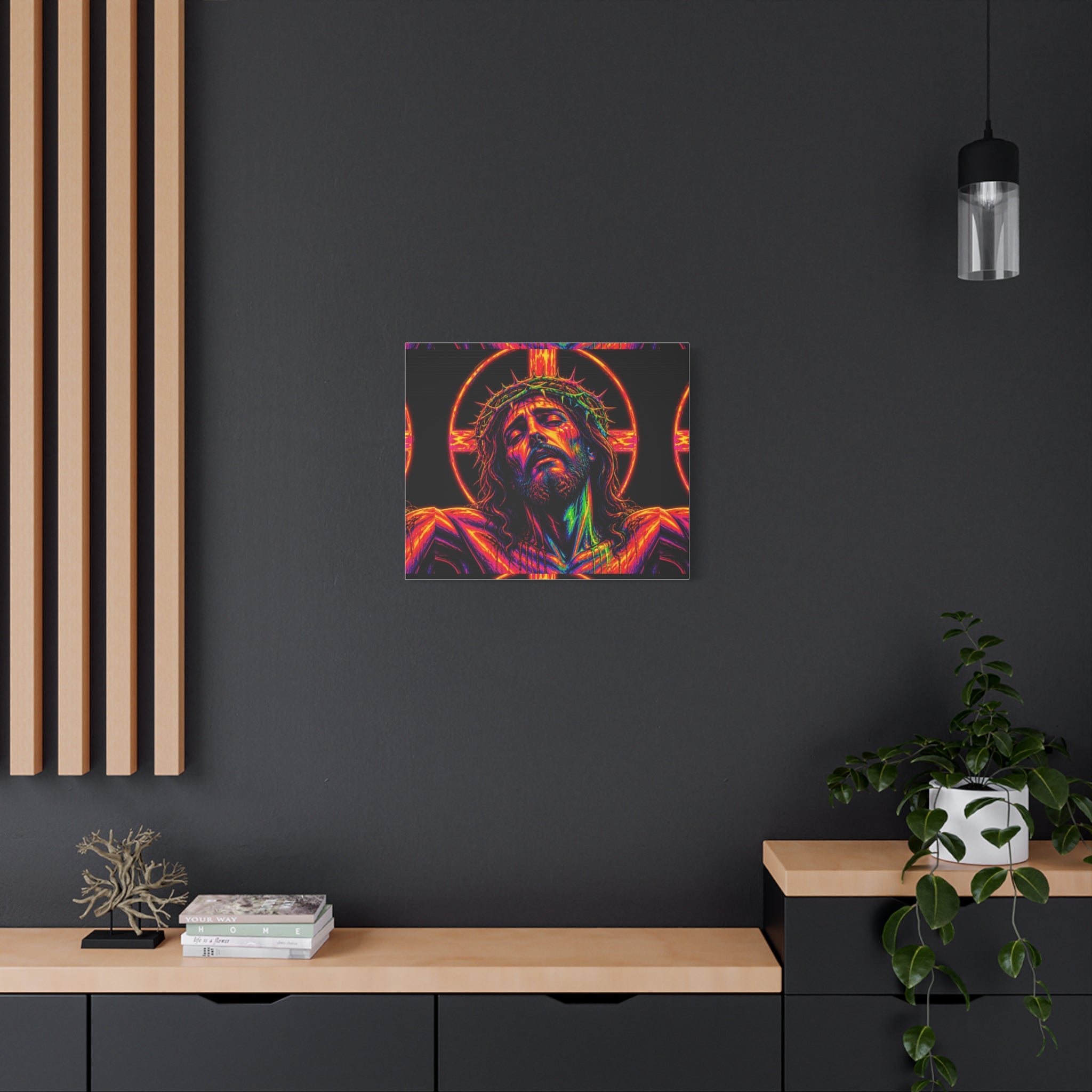 Neon Christ Crucifix Canvas Print — Vibrant Religious Wall Art