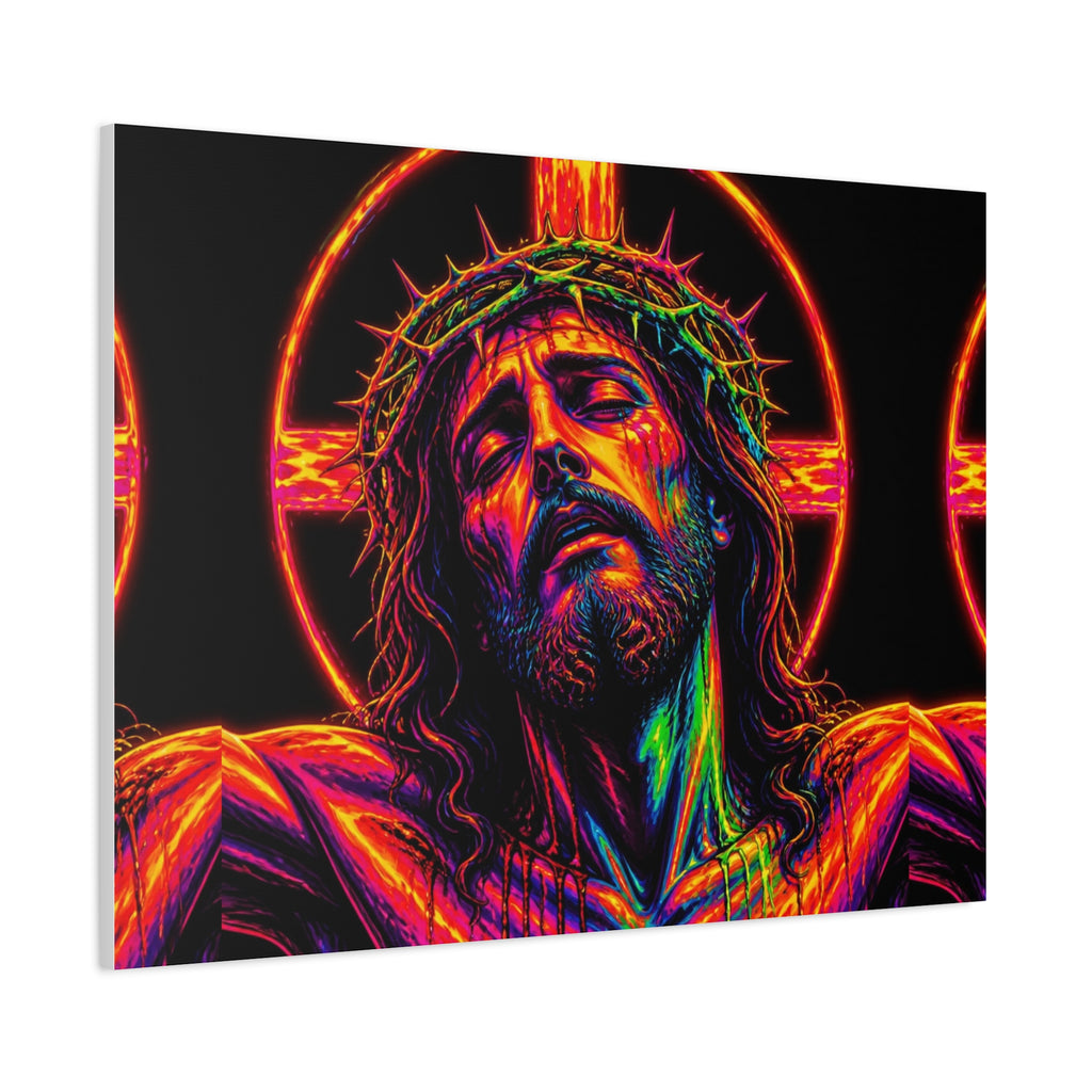 Neon Christ Crucifix Canvas Print — Vibrant Religious Wall Art