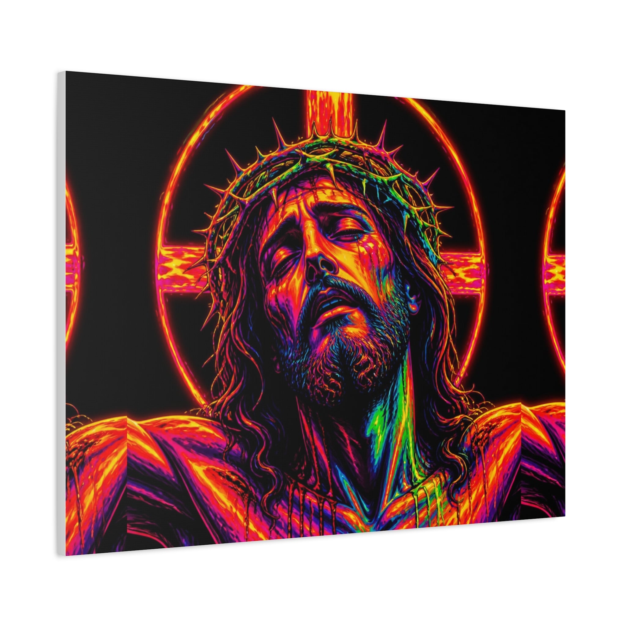 Neon Christ Crucifix Canvas Print — Vibrant Religious Wall Art