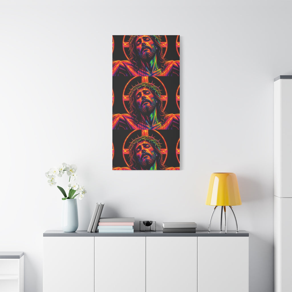 Neon Christ Crucifix Canvas Print — Vibrant Religious Wall Art