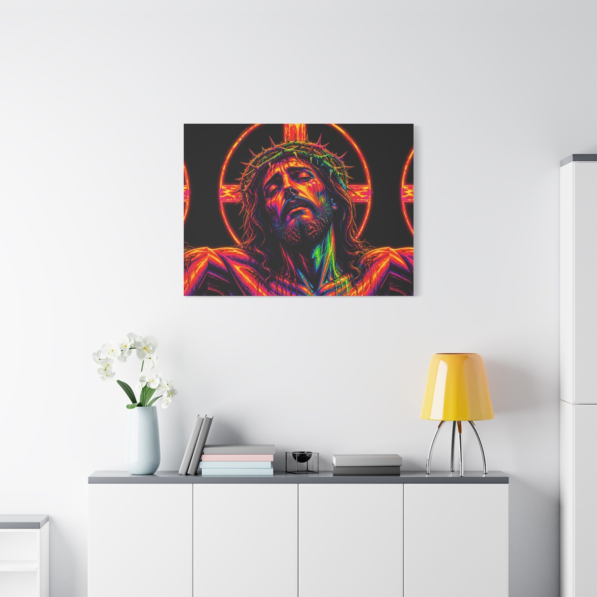 Neon Christ Crucifix Canvas Print — Vibrant Religious Wall Art