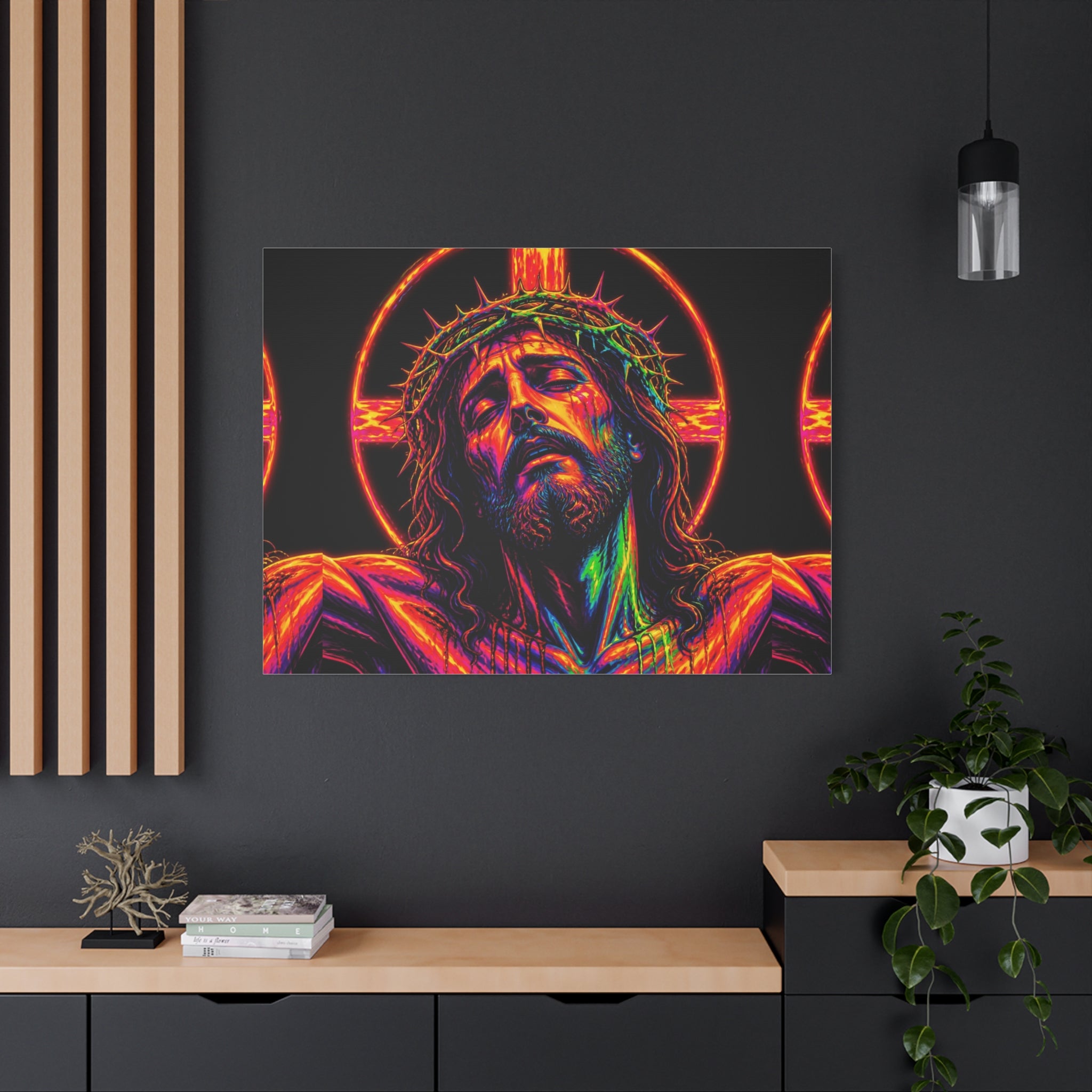 Neon Christ Crucifix Canvas Print — Vibrant Religious Wall Art