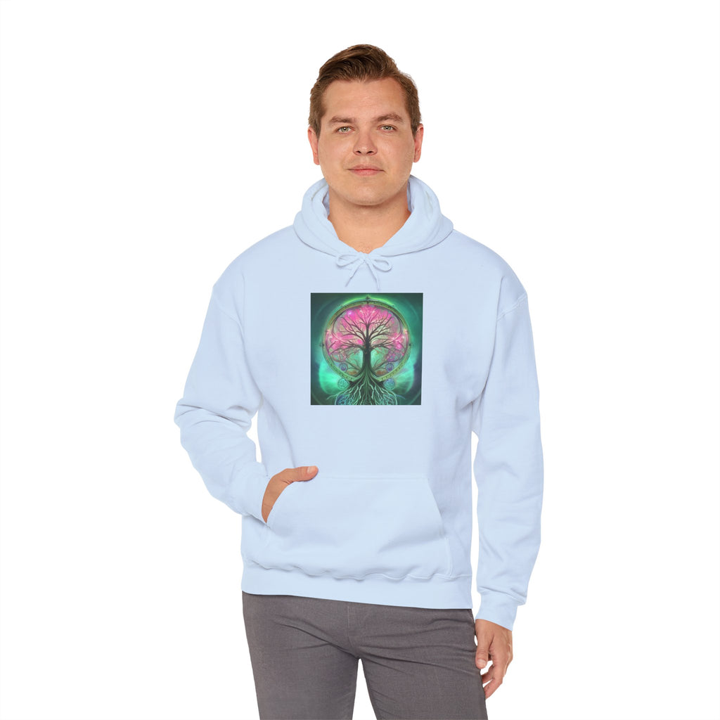 Tree of Life Hoodie — Vibrant Pink & Teal Spiritual Graphic Hooded Sweatshirt