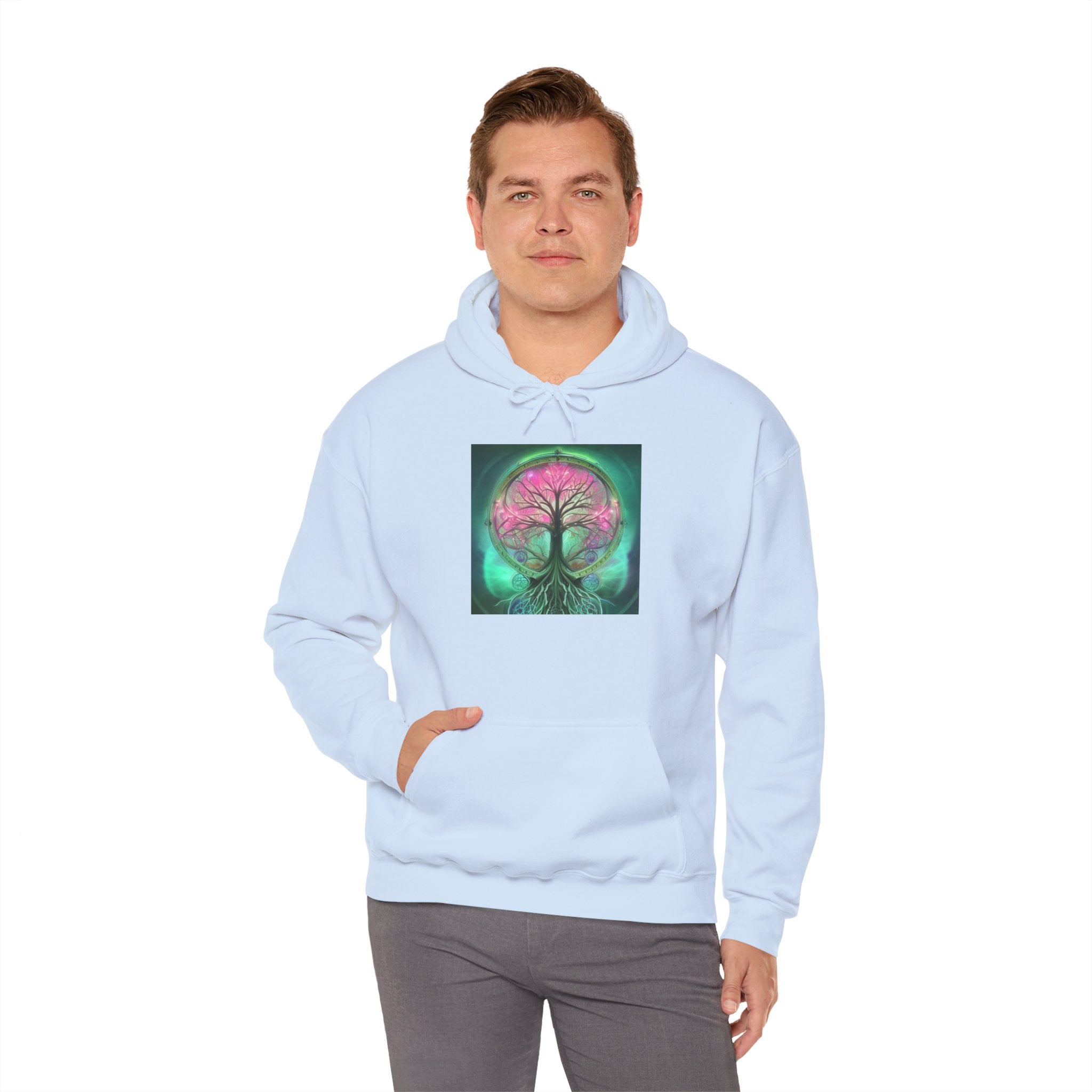 Tree of Life Hoodie — Vibrant Pink & Teal Spiritual Graphic Hooded Sweatshirt