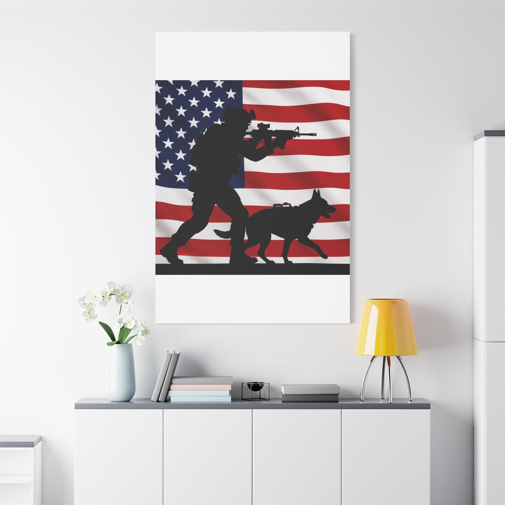 Patriotic Military K9 Canvas Wall Art — Soldier and Dog Silhouette with American Flag