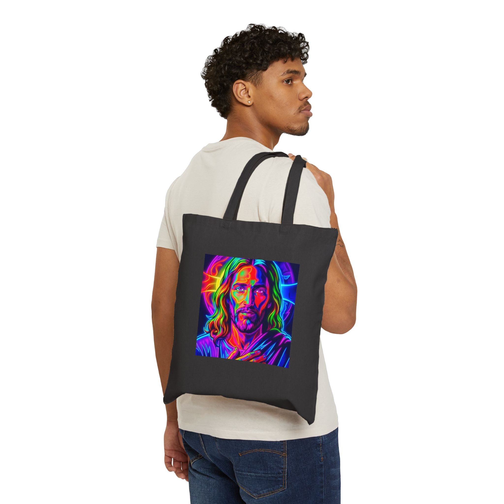 Canvas Tote Bag — Vibrant Neon Jesus Portrait Eco Shopper
