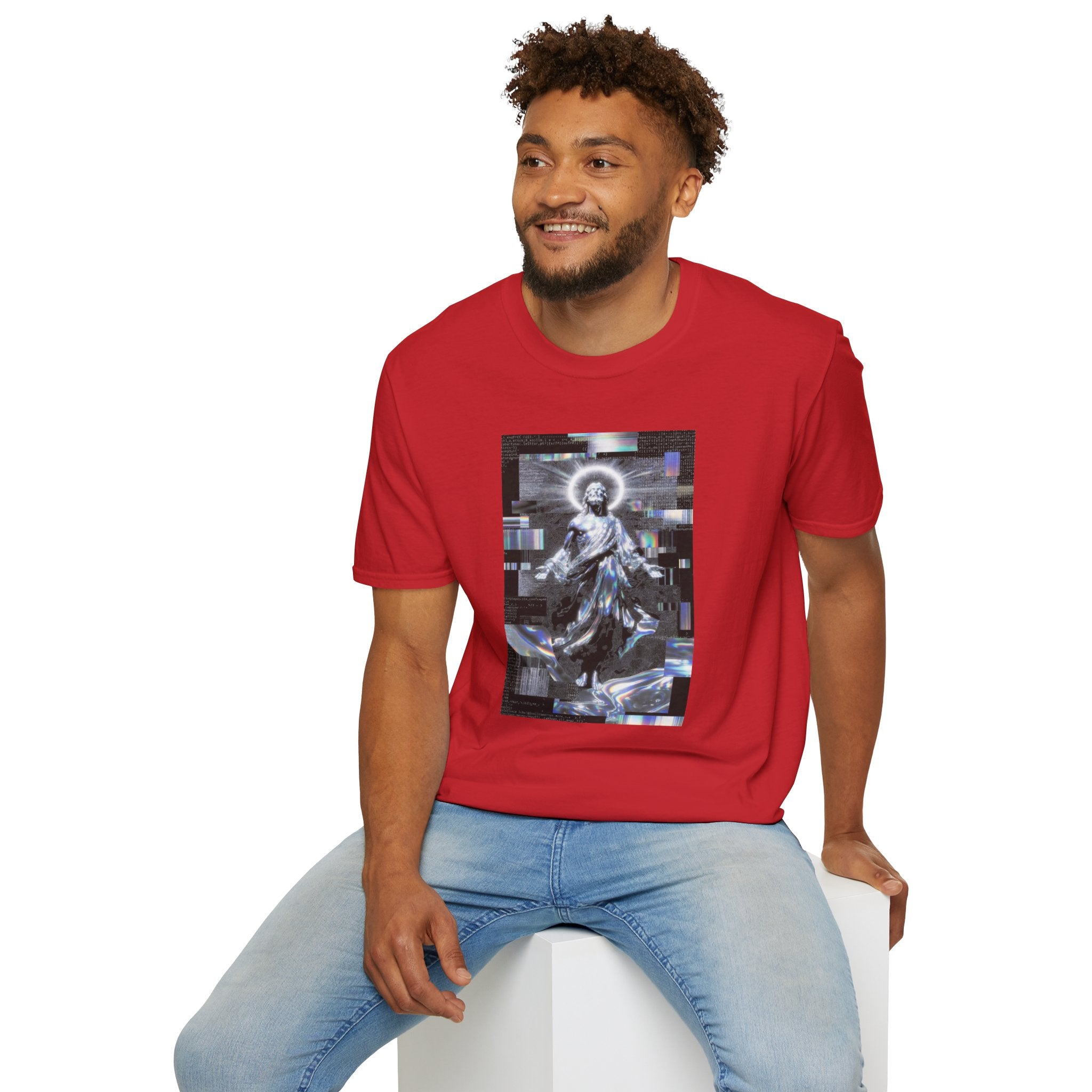 Glitch Halo Jesus T-Shirt — Vintage Religious Retro Digital Art Tee