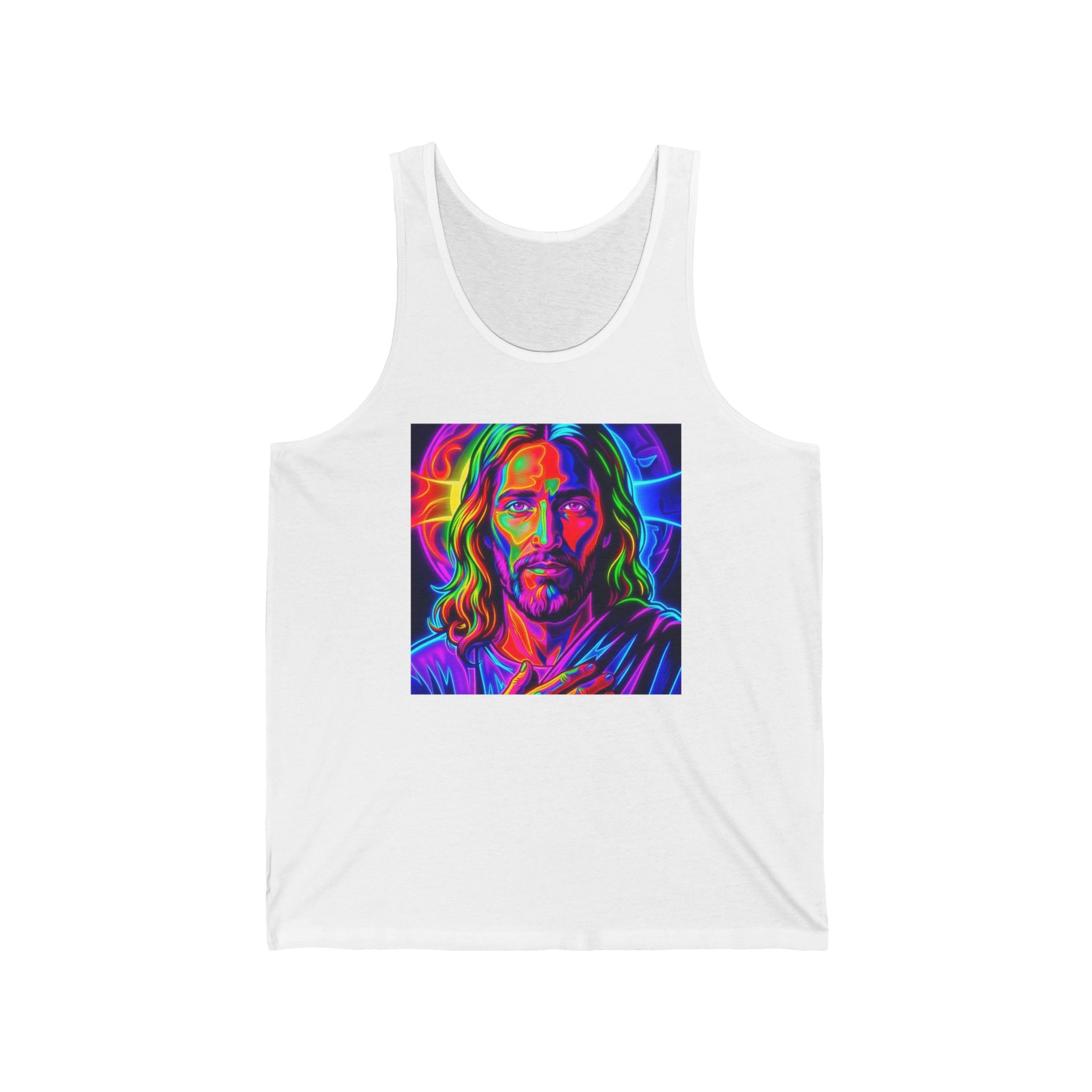 Psychedelic Jesus Portrait Tank Top — Neon Religious Art Graphic Tank
