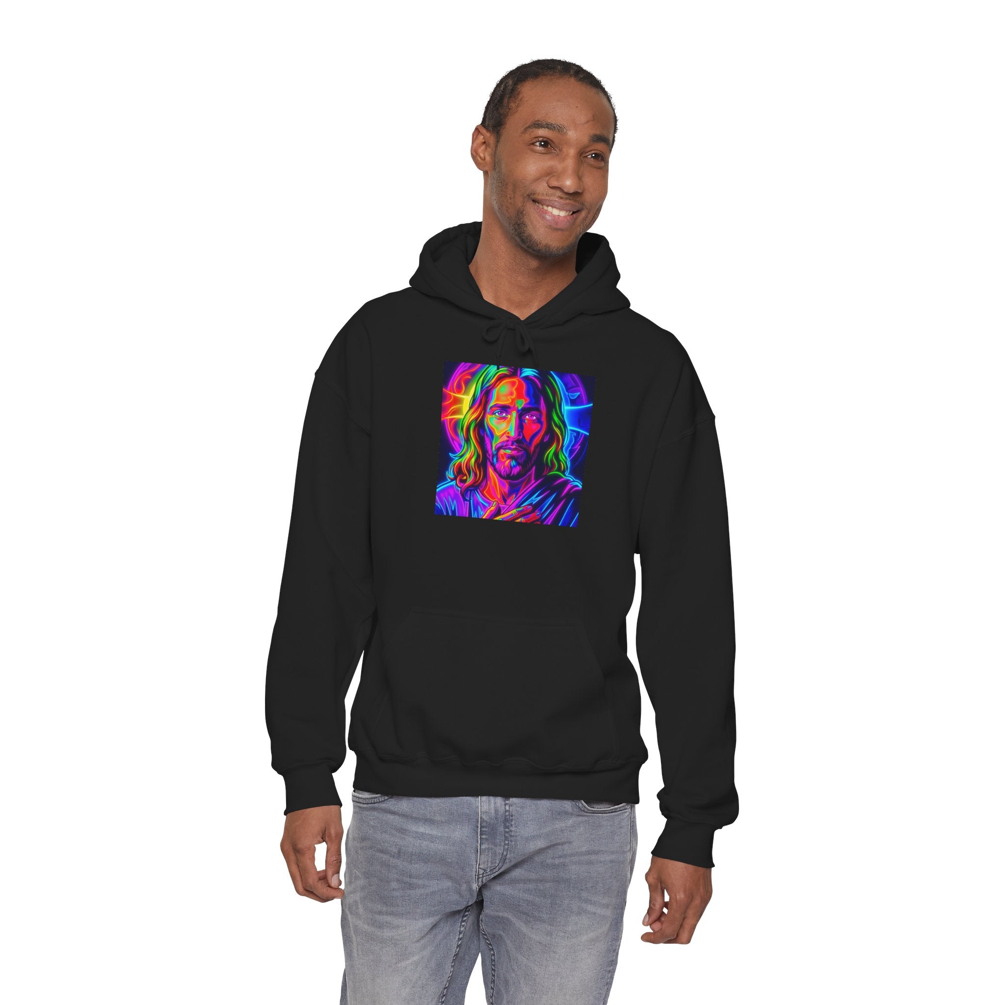 Psychedelic Jesus Portrait Hoodie — Vibrant Rainbow Christian Graphic Sweatshirt