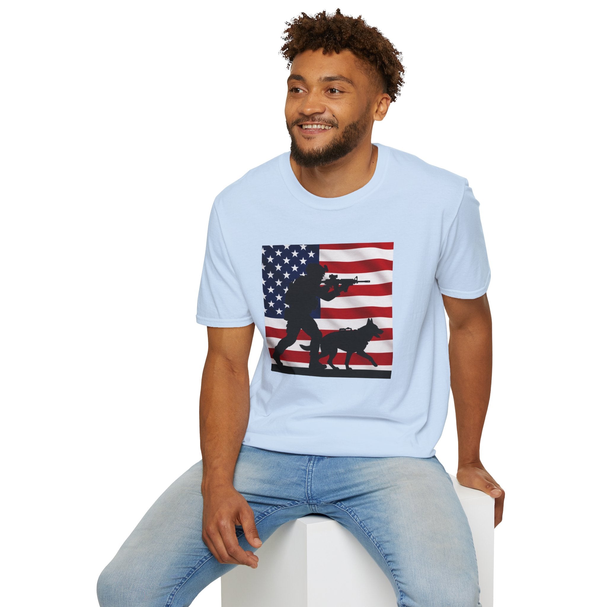 Patriotic K9 Handler T-Shirt — American Flag Soldier with Dog Graphic
