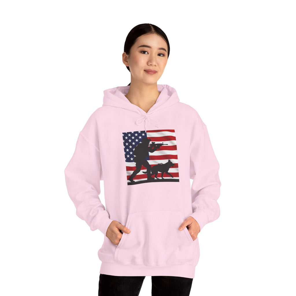 American K9 Handler Hoodie — US Flag Dog Silhouette Patriotic Sweatshirt