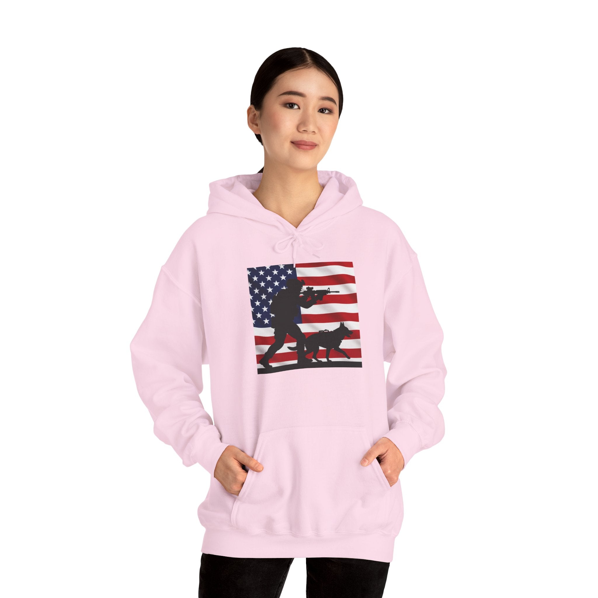American K9 Handler Hoodie — US Flag Dog Silhouette Patriotic Sweatshirt