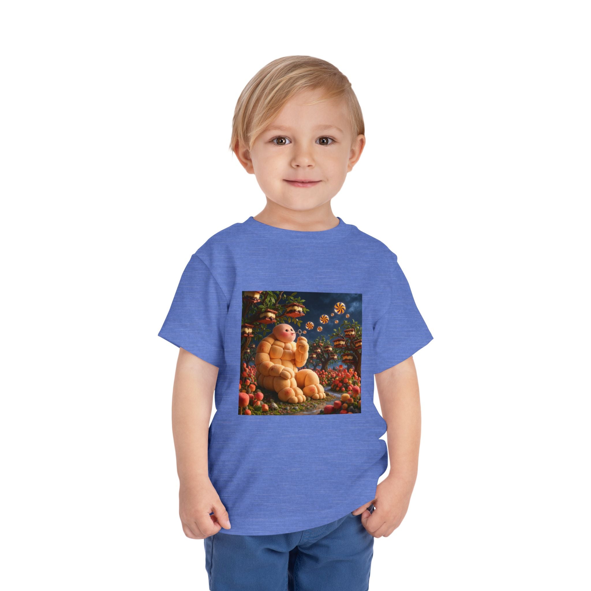 Toddler Tee — Cute Chubby Creature in Flower Garden Kids Shirt-Marshmallow Man
