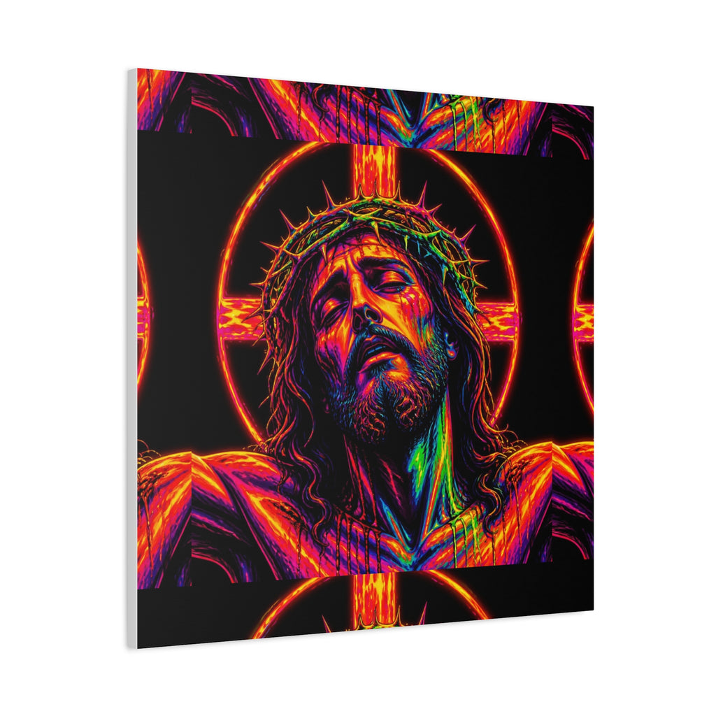 Neon Christ Crucifix Canvas Print — Vibrant Religious Wall Art