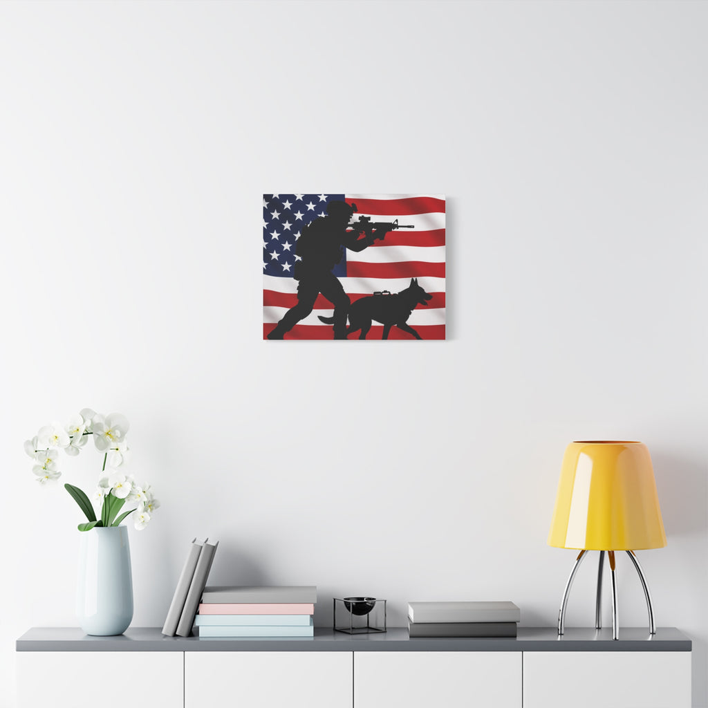 Patriotic Military K9 Canvas Wall Art — Soldier and Dog Silhouette with American Flag