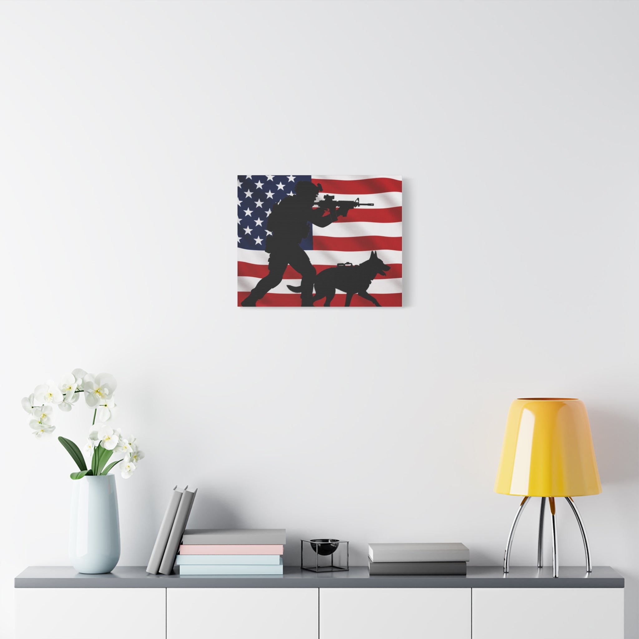 Patriotic Military K9 Canvas Wall Art — Soldier and Dog Silhouette with American Flag