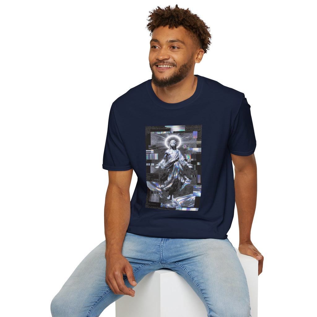 Glitch Halo Jesus T-Shirt — Vintage Religious Retro Digital Art Tee