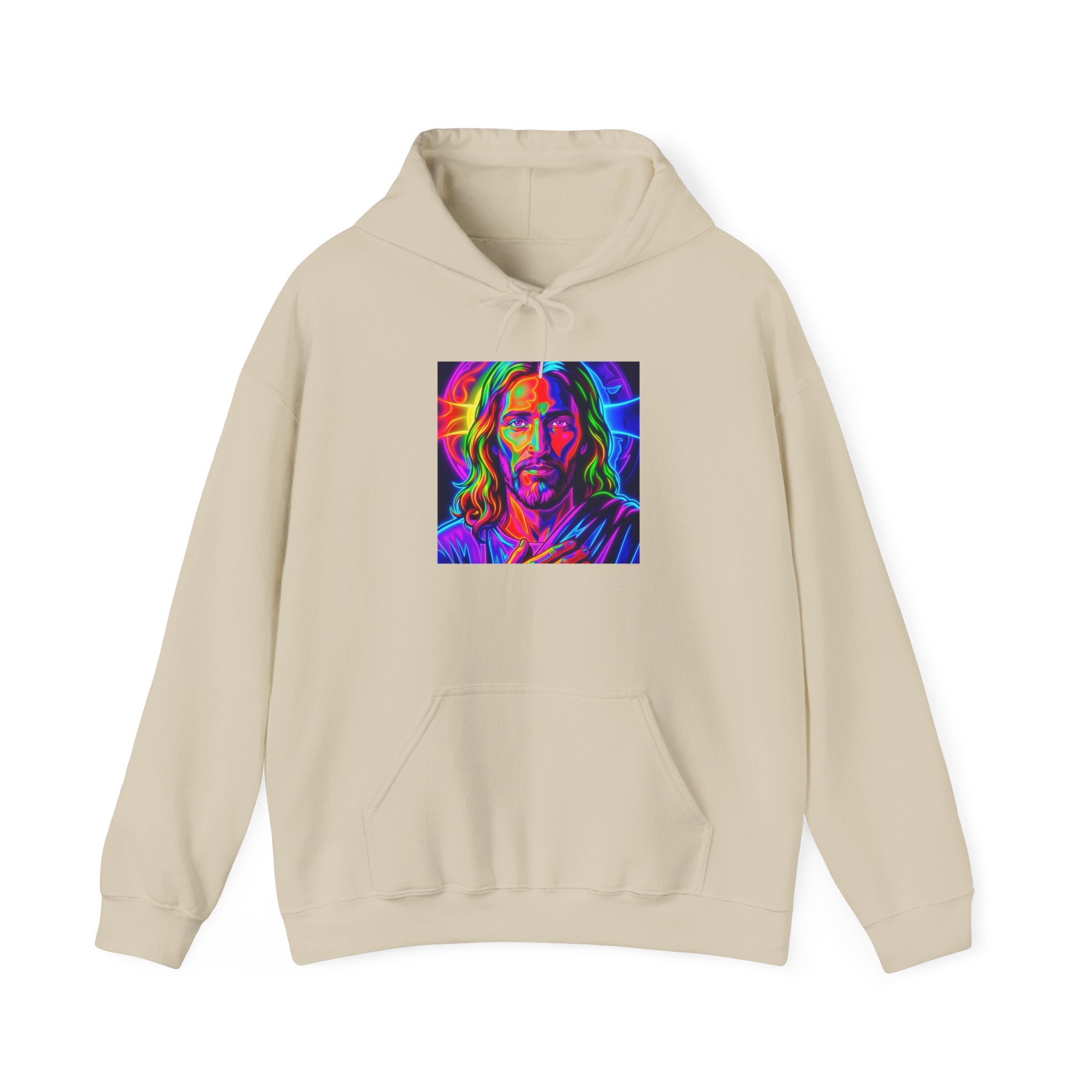 Psychedelic Jesus Portrait Hoodie — Vibrant Rainbow Christian Graphic Sweatshirt
