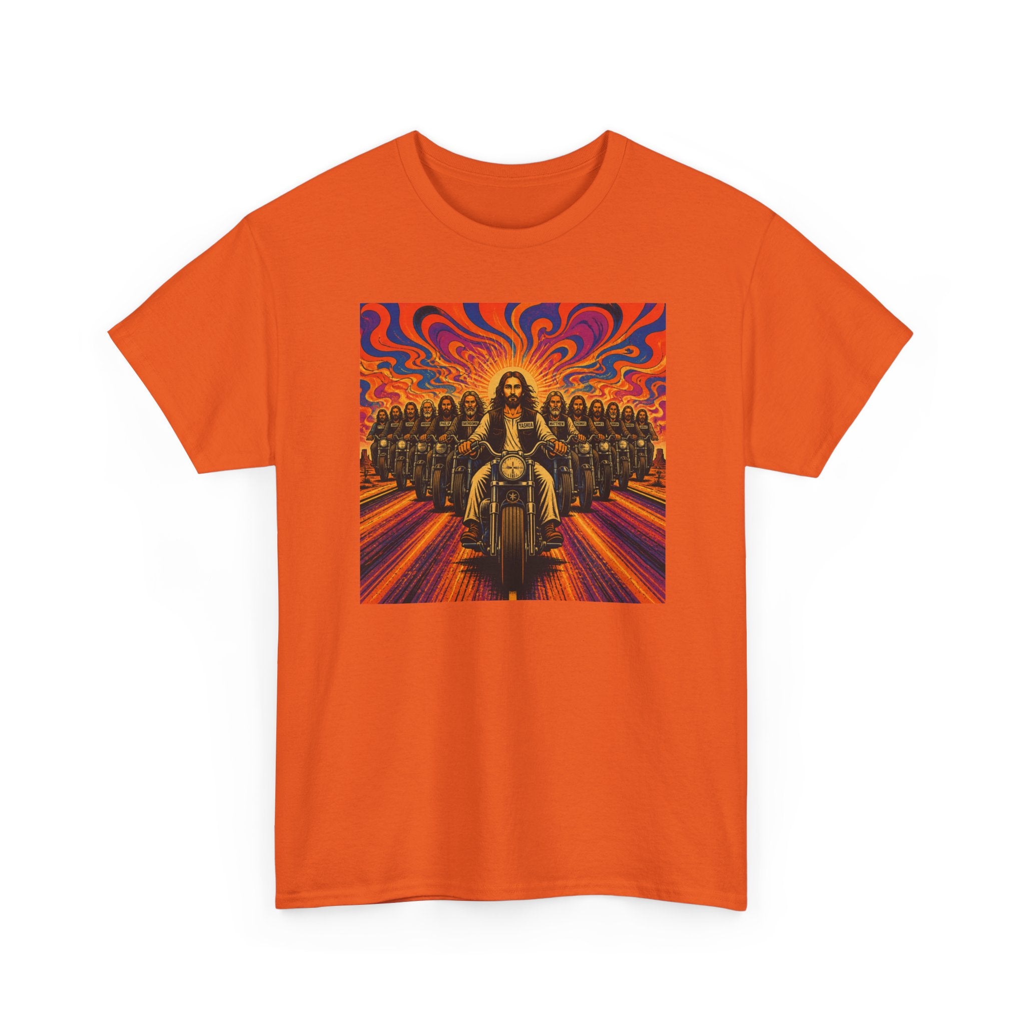 Psychedelic Yashua/Jesus Biker Crew T-Shirt — Retro Jesus Motorcycle Rider Graphic Tee