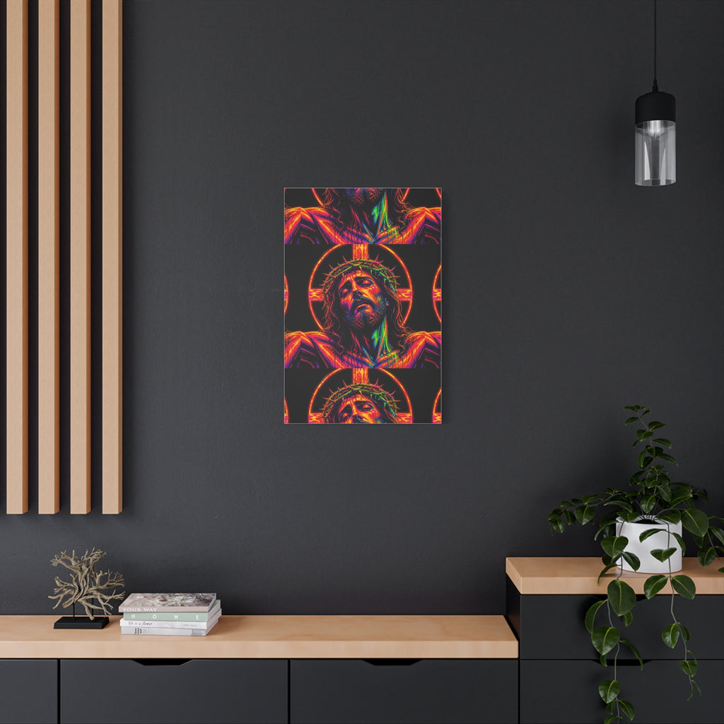 Neon Christ Crucifix Canvas Print — Vibrant Religious Wall Art