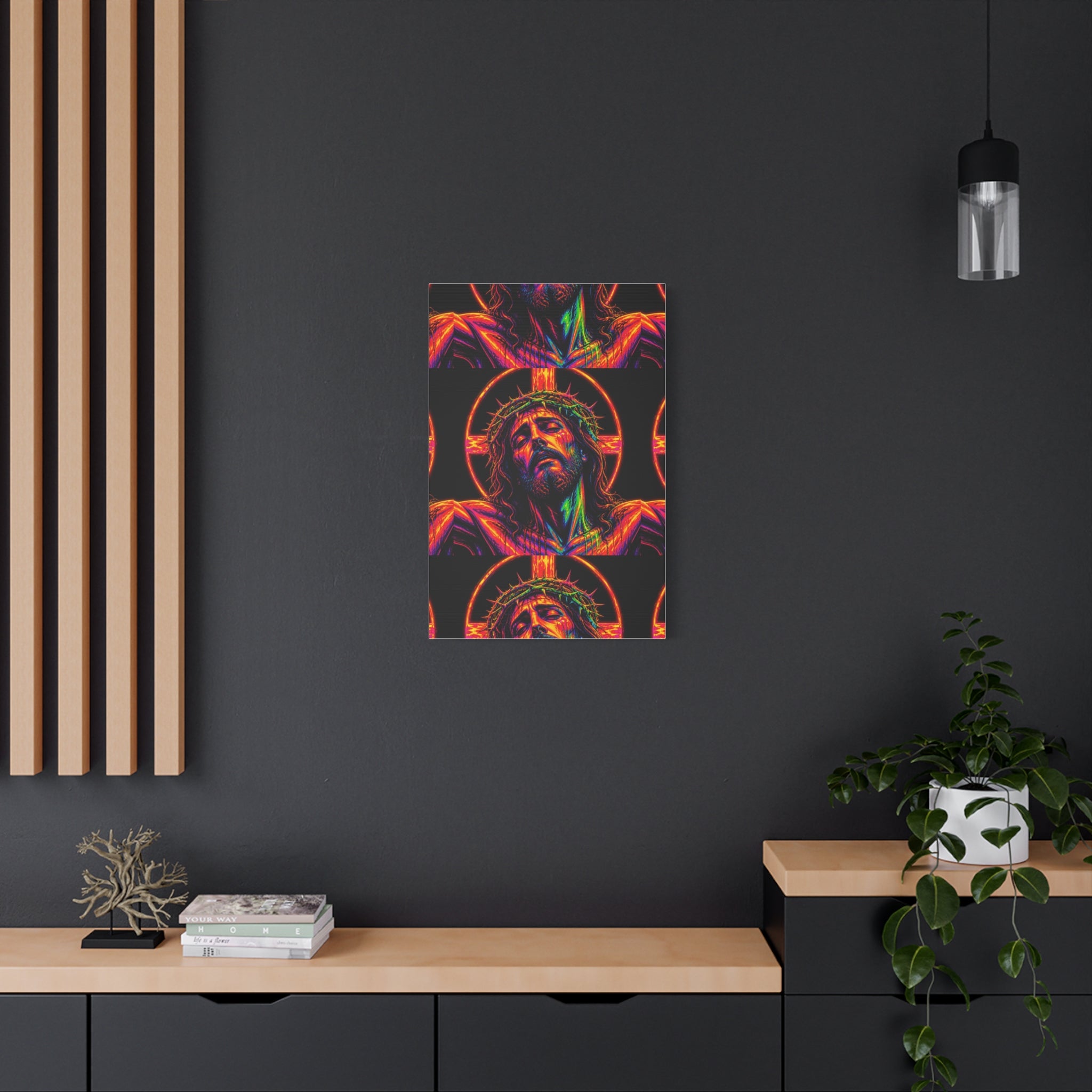Neon Christ Crucifix Canvas Print — Vibrant Religious Wall Art