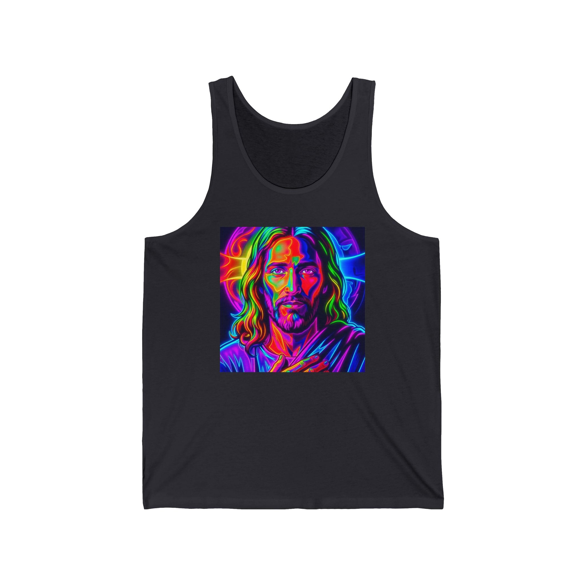 Psychedelic Jesus Portrait Tank Top — Neon Religious Art Graphic Tank