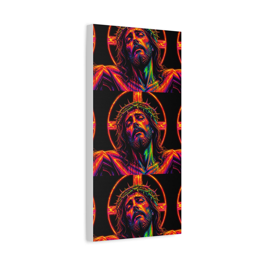 Neon Christ Crucifix Canvas Print — Vibrant Religious Wall Art