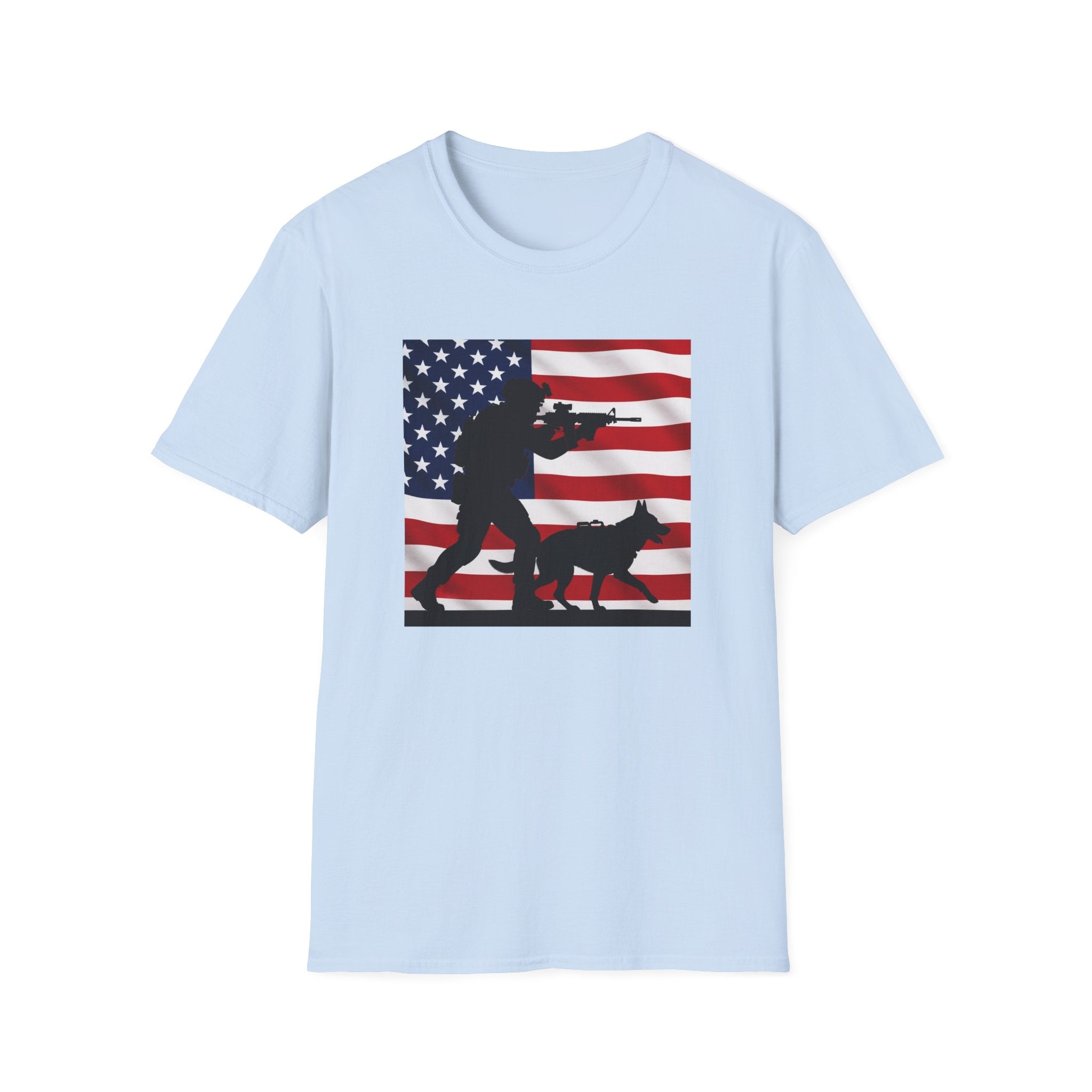 Patriotic K9 Handler T-Shirt — American Flag Soldier with Dog Graphic